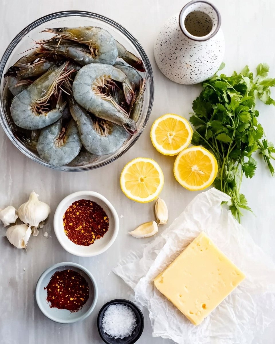 A white plate holds a stack of cooked shrimp with their shells and heads on, their orange and reddish shells speckled with green chopped herbs and small red chili slices. A charred half lemon sits on the plate, adding yellow and brown contrast to the scene. On the left side, a white bowl filled with a dark, herb-speckled dipping sauce rests on the plate, garnished with more green herbs. The background is a white marbled surface. Photo taken with an iphone --ar 4:5 --v 7