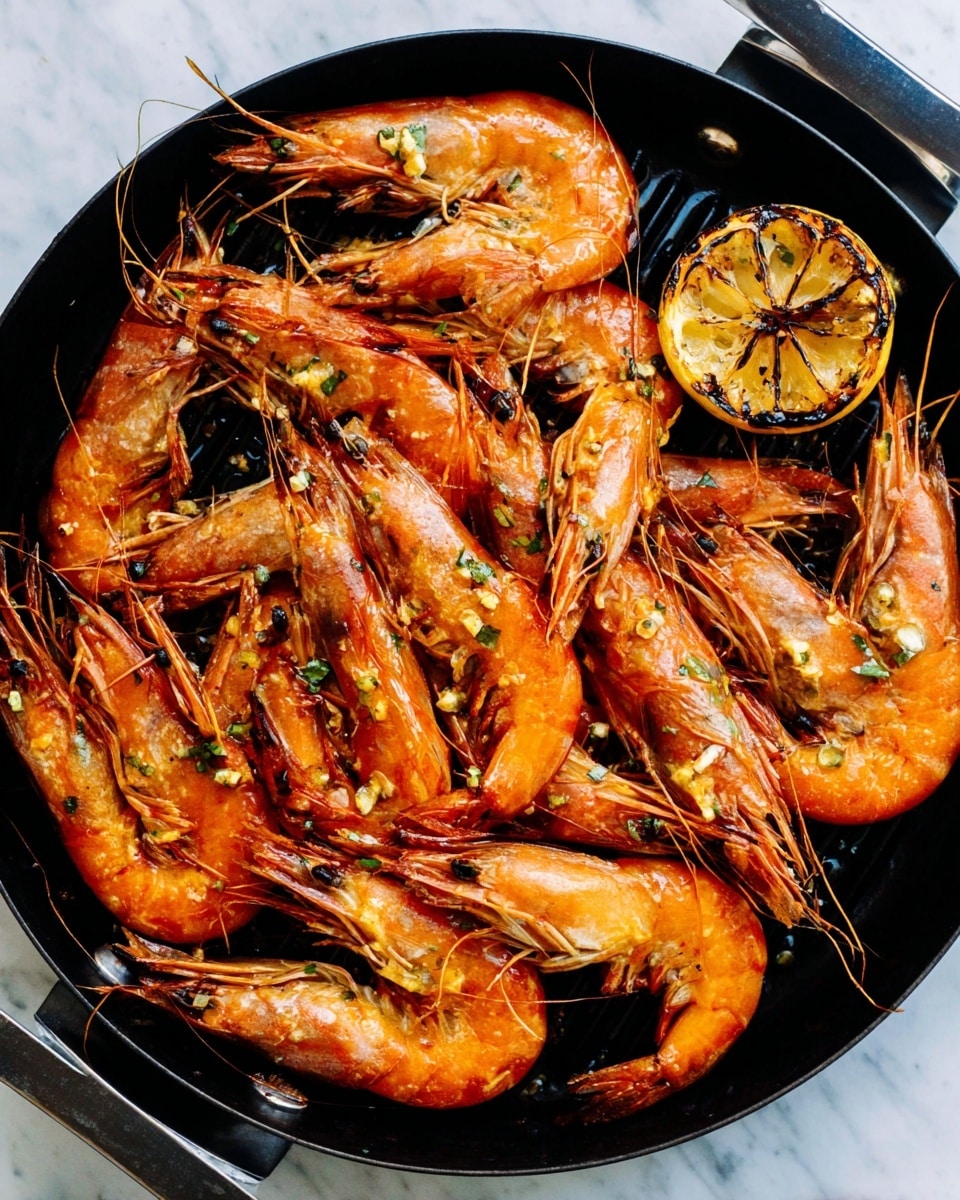 A clear glass bowl filled with raw shrimp showing their blue-grey shells and tails sits at the top left on a white marbled surface. To the right is a white speckled bottle with a silver top. Below the bowl are several lemon wedges with bright yellow skin and pale yellow inside. Next to the lemons, two small white bowls contain red chili powder and red pepper flakes. Fresh green cilantro leaves and a few garlic cloves lie near the top right. At the bottom right is a block of pale yellow cheese resting on white paper. A small gray bowl filled with coarse salt and a black pepper grinder sit near the bottom left. Photo taken with an iphone --ar 4:5 --v 7