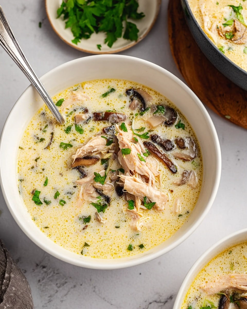 A white bowl filled with creamy light beige soup containing visible pieces of sliced mushrooms and shredded chicken, sprinkled with small green parsley leaves, set on a white marbled surface; a second identical bowl of soup is partially visible in the background, and a black tray with grilled chicken with dark caramelized spots is seen on the left side of the image, with fresh green parsley in the foreground at the bottom left; the soup has a smooth texture with herbs scattered throughout photo taken with an iphone --ar 4:5 --v 7