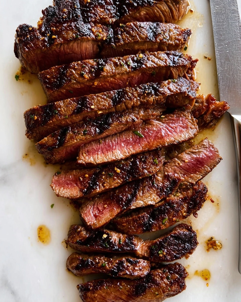 The image shows a piece of grilled steak sliced into about twelve thick pieces arranged in an overlapping row on a white marbled surface. The steak has a dark brown crust with grill marks and a pinkish-red center, showing it is cooked to medium or medium-rare. Juices and small bits of seasoning are visible on the surface and around the slices. A shiny knife with some meat juices is placed to the right side of the steak. The texture of the meat looks tender inside and slightly crispy outside. photo taken with an iphone --ar 4:5 --v 7