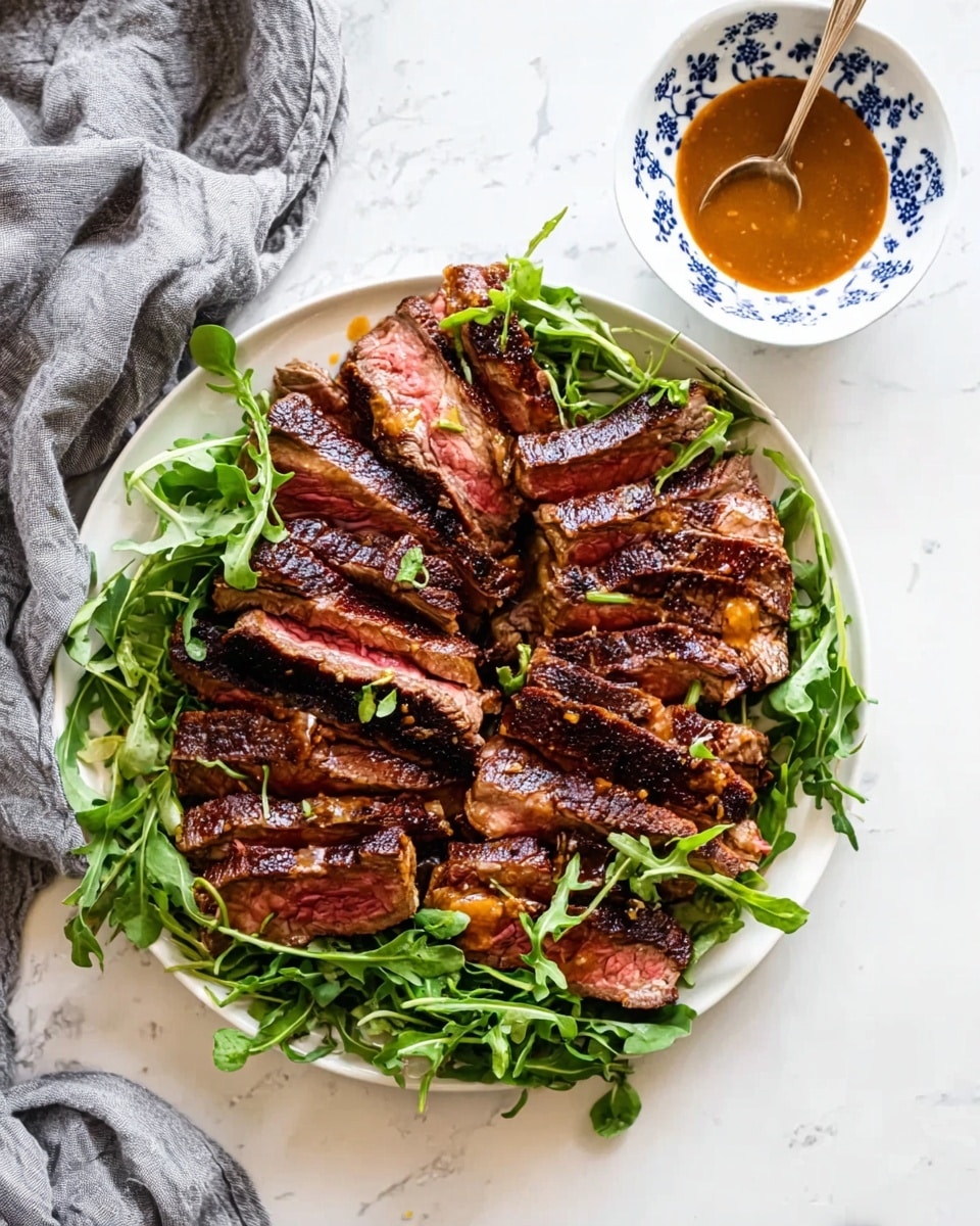 A white plate filled with about two layers of sliced medium-rare steak, showing a pink center and a dark brown, slightly charred outer edge. The steak slices are arranged overlapping each other, covered with green fresh arugula leaves scattered on top, adding a touch of bright green color to the dish. The steak is resting in a small pool of brownish sauce at the bottom of the plate. To the top right corner, part of a white bowl with a blue pattern and brown sauce inside is visible. The plate sits on a white marbled surface. Photo taken with an iphone --ar 4:5 --v 7