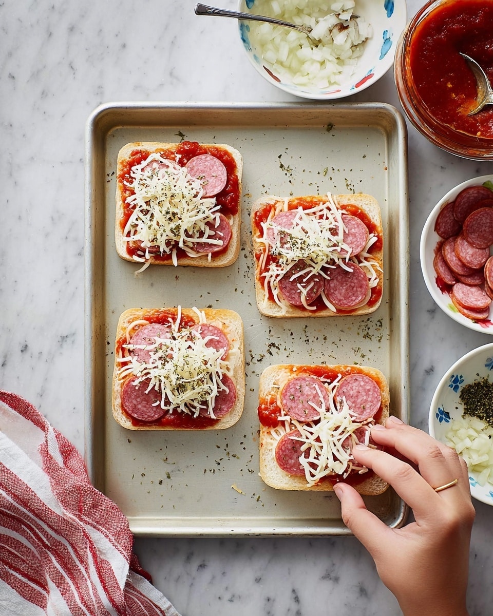 The image shows four open-faced mini pizzas on square white bread placed on a light-colored baking tray. Each slice has three layers: a bottom layer of red tomato sauce spread unevenly, a middle layer of white shredded cheese scattered on top, and a top layer of round pinkish slices of pepperoni or salami placed in a circle. Some green dried herbs are sprinkled over the cheese and meat. A woman's hand is putting a slice of meat on one of the mini pizzas. Surrounding the tray, there are four small white bowls with patterns holding extra sliced meat, herbs, chopped onions, and sauce with a spoon. The surface has a white marbled texture, and a red and white striped cloth is to the side. Photo taken with an iphone --ar 4:5 --v 7