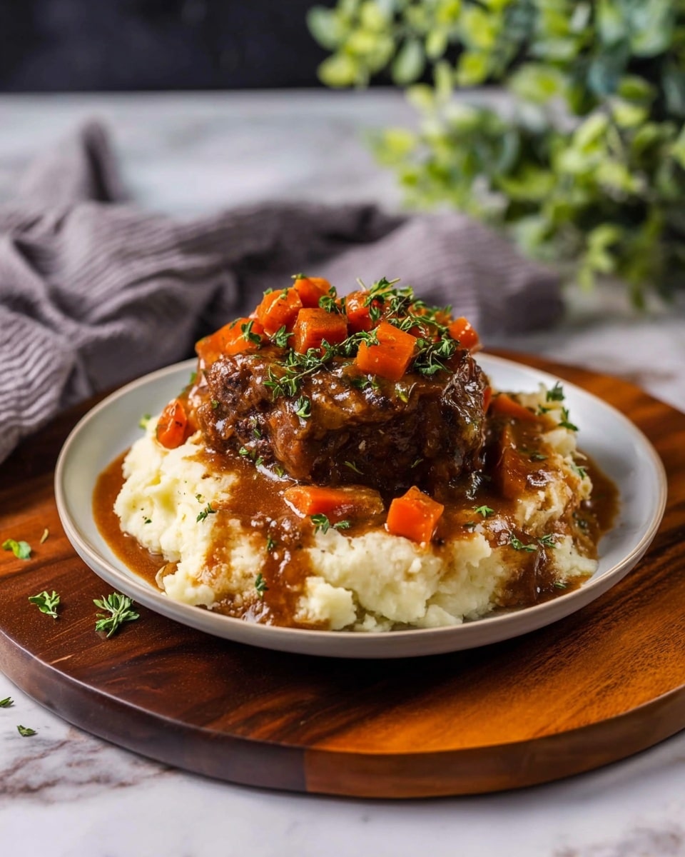 This image shows a close-up top view of a white pot filled with thick, dark brown stew. Large chunks of tender meat sit immersed inside a rich, glossy sauce with small pieces of orange carrots, light brown mushrooms, and bits of onion scattered throughout. Fresh green herb leaves are placed in the center and sprinkled on top for garnish. The white pot has a slightly stained inner rim from cooking. The background is a white marbled texture. photo taken with an iphone --ar 4:5 --v 7