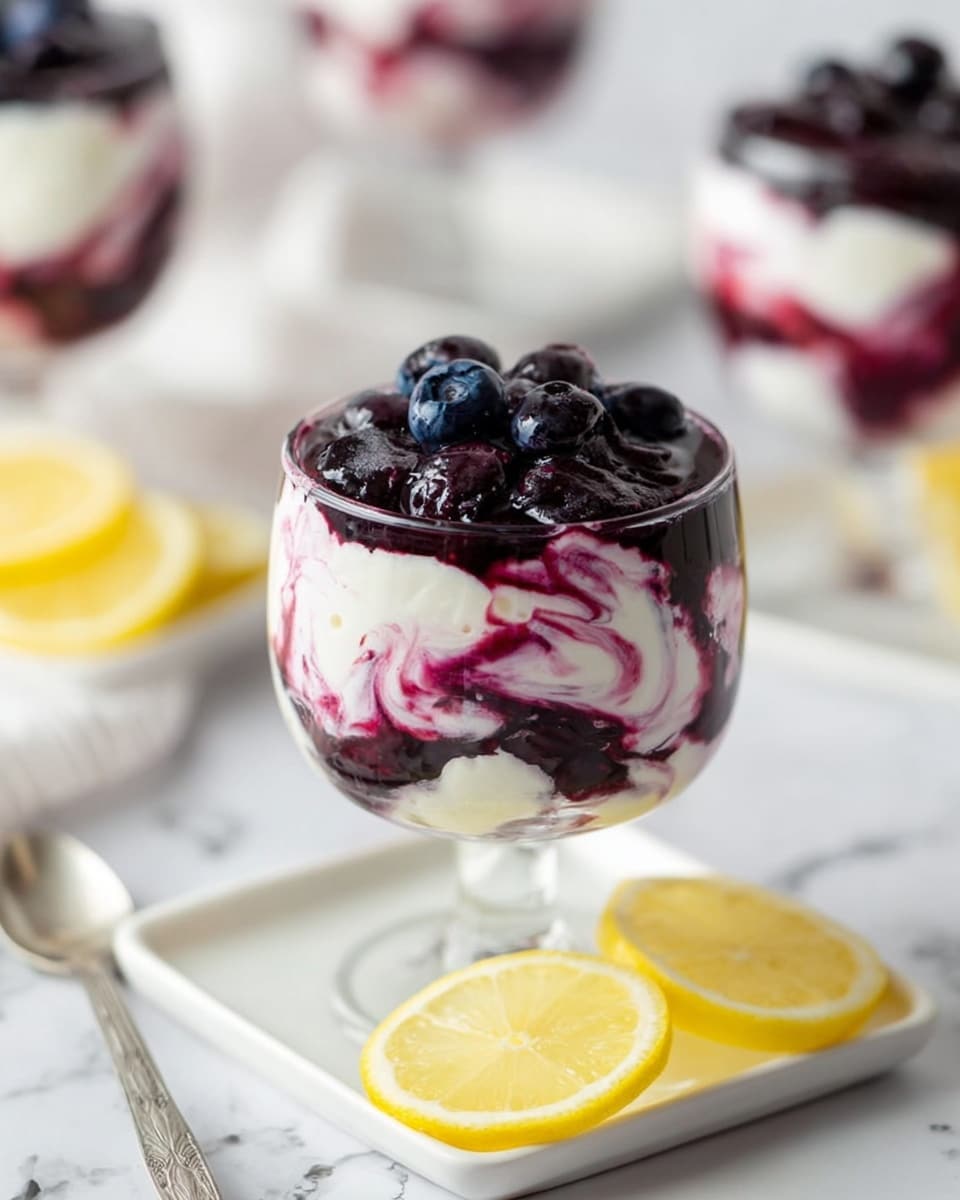 A white plate with a gold rim and small floral decorations holds a creamy mixture swirled with purple berry sauce. The dish has a soft texture with white and deep purple layers mixed together in wide swirls. On top, a few whole dark berries sit in the center, adding a glossy shine. A silver spoon rests on the edge of the plate, partially touching the mixture. The plate sits on a white marbled surface with a purple and white checkered cloth nearby, and pink flowers are partially visible in the background. photo taken with an iphone --ar 4:5 --v 7