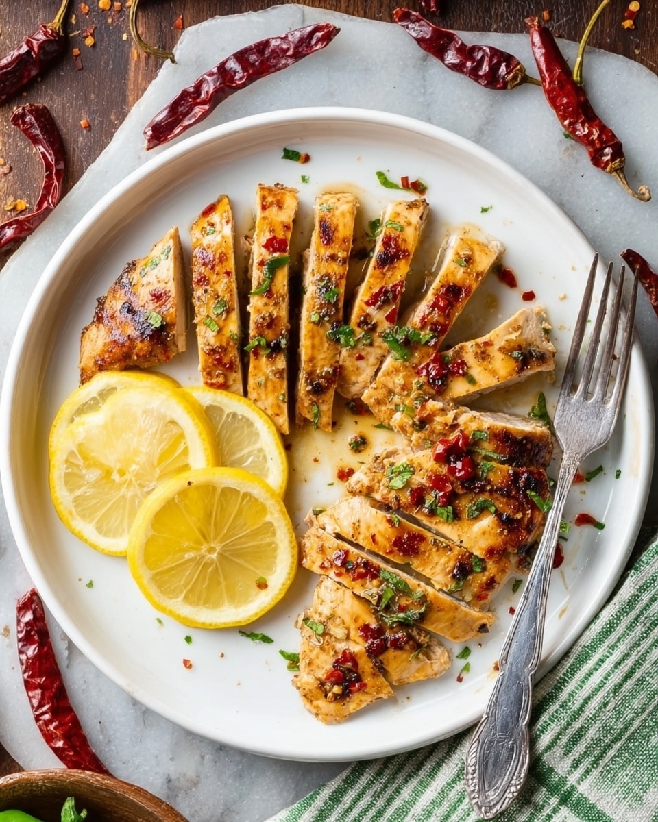 The image shows a white round plate with grilled chicken sliced into thin strips arranged in a fan shape on the plate’s top half. The chicken has a golden brown color with small bits of red seasoning and green herbs on top. On the lower left side of the plate, three bright yellow lemon slices are layered slightly overlapping each other. A silver fork rests near the lemon slices, angled to the right. The plate is set on a white marbled surface with dried red chili peppers scattered around and a green and white striped cloth napkin on the right side. Photo taken with an iphone --ar 4:5 --v 7