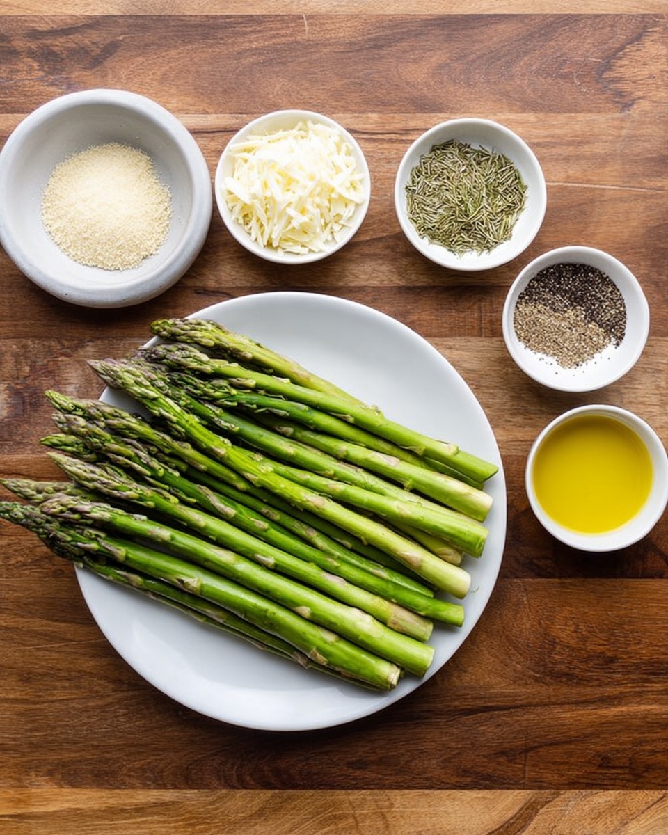 A rectangular baking tray holds a single layer of green asparagus stalks lined up side by side, topped evenly with melted white cheese that has a soft, slightly stringy texture. The cheese layer is sprinkled with small bits of finely chopped green herbs and tiny red chili flakes, adding contrast to the white cheese and green asparagus. The tray rests on a white marbled surface with a checkered beige cloth partially under it to the left. Around the tray, there are visible items including a white bowl filled with grated cheese on the upper right, a small white bowl with grated Parmesan cheese, a golden spatula on the right side, some scattered chili flakes, and a few metallic forks at the top. Photo taken with an iphone --ar 4:5 --v 7