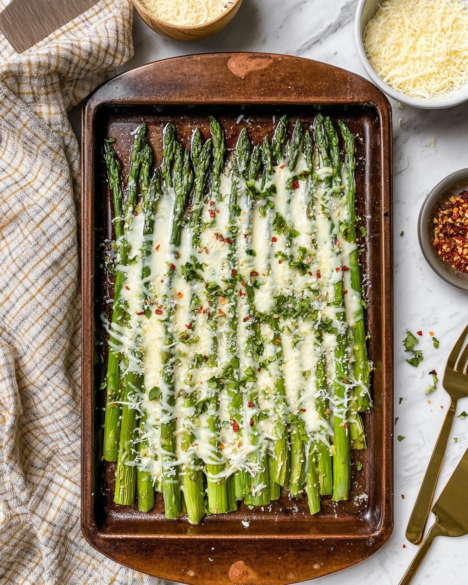 A bunch of bright green asparagus spears lay flat on a dark baking tray evenly covered with melted white cheese that stretches in long strands as a gold spatula lifts some spears up. The cheese looks creamy and stringy, with small sprinkled bits of chopped green herbs and red chili flakes on top. The background shows a white marbled texture underneath the tray and some blurred dishes, including a white plate with blue floral patterns. photo taken with an iphone --ar 4:5 --v 7