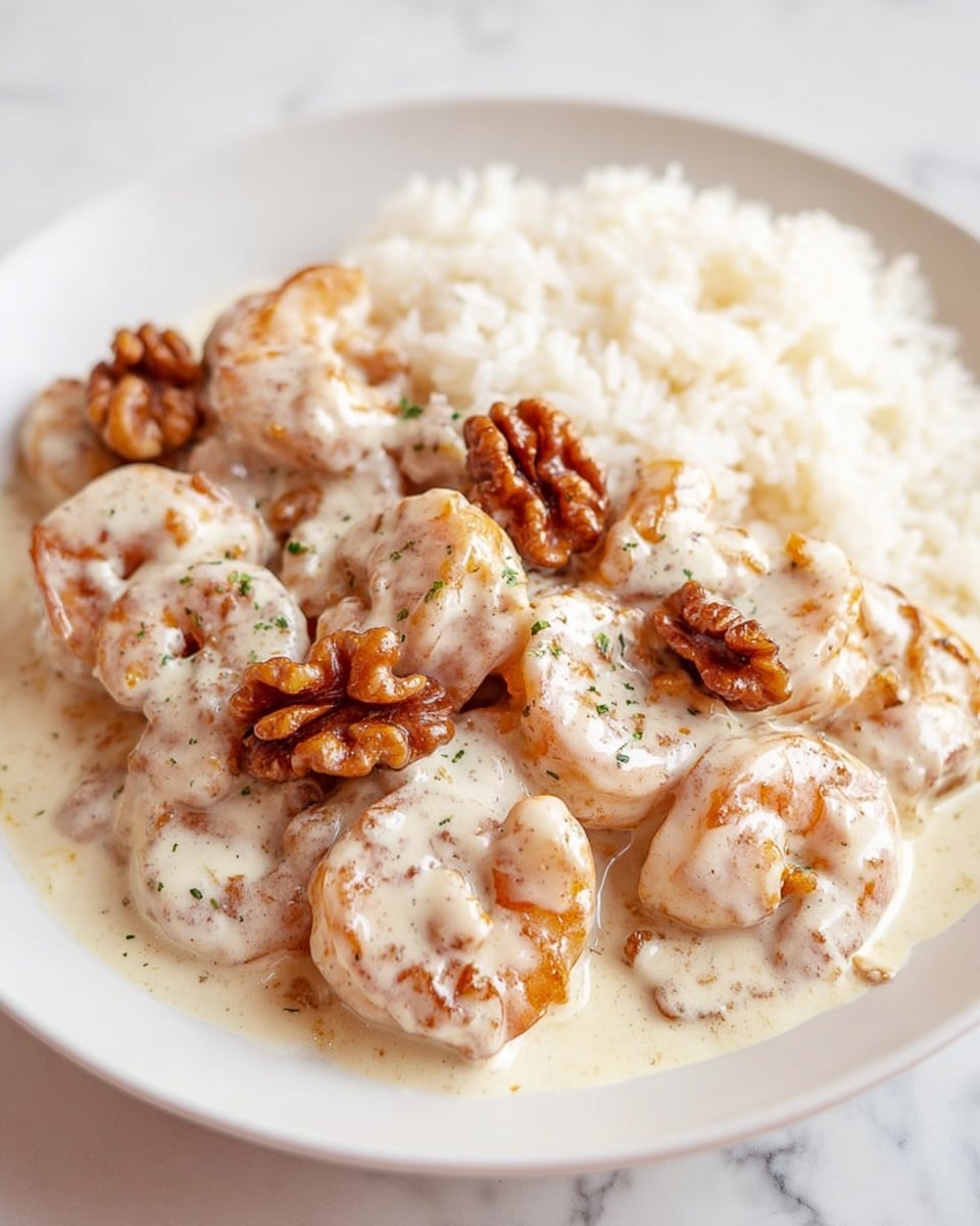 The image shows a white plate with two main layers: the background layer is a pile of soft white rice with a slightly fluffy texture, and the foreground layer is a mix of shrimp and glazed walnuts covered in a creamy, white sauce. The shrimp are light pink-orange, plump, and partially coated with the sauce that has a smooth, glossy finish. The walnuts are deep brown, shiny, and clustered around the shrimp, creating contrast with the creamy sauce and white rice. The plate sits on a white marbled surface. photo taken with an iphone --ar 4:5 --v 7