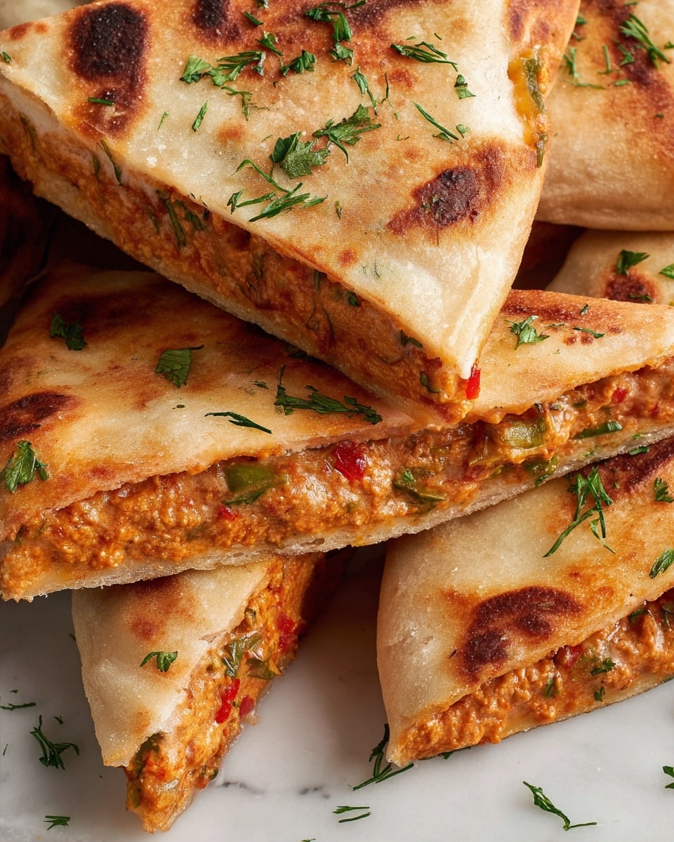 This image shows several pieces of stuffed flatbread piled together on a white marbled surface. Each piece has two main layers: a golden-brown toasted outer flatbread with a slightly crispy texture and a thick, creamy orange filling with visible green herbs and small bits of red peppers. The filling looks soft and moist inside the flatbread. The top flatbread has some light char marks and is sprinkled lightly with fresh green herbs for garnish. The arrangement highlights the slices, some stacked and one piece slightly lifted to show the filling inside. Photo taken with an iphone --ar 4:5 --v 7