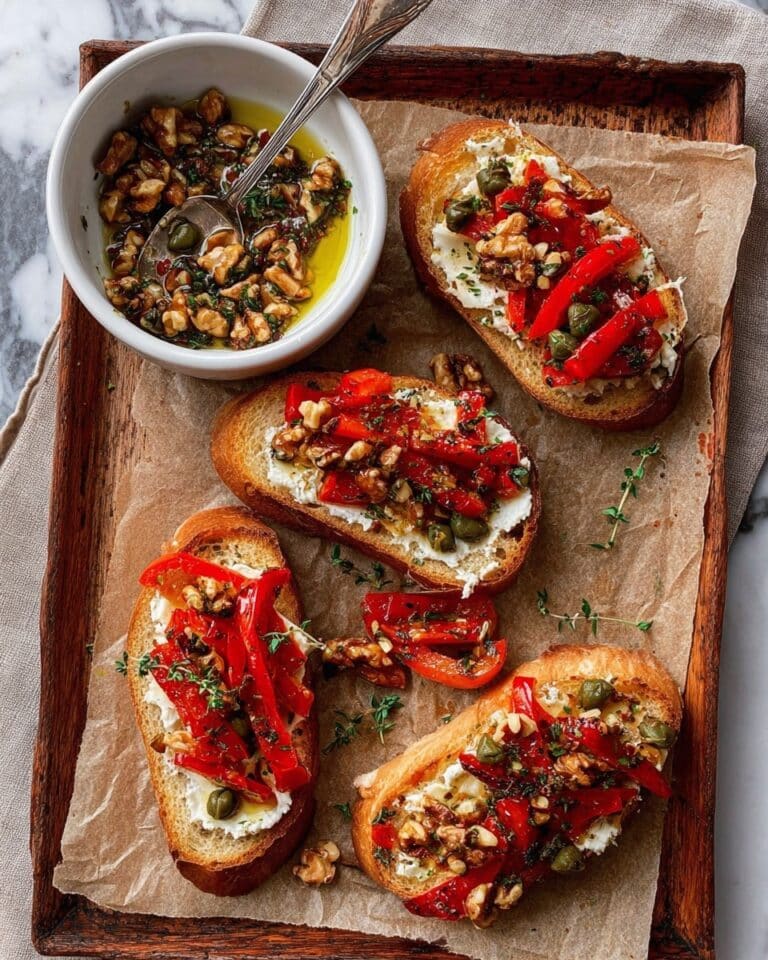 Broiled Ricotta Toast with Balsamic Walnuts, Lemon Capers, and Roasted Bell Peppers Recipe