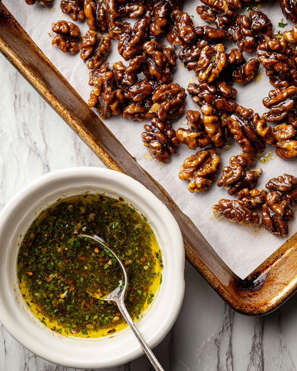 The image shows four slices of toasted golden brown bread placed on brown parchment paper on a tray. Each slice has a layer of creamy white cheese spread evenly on top, followed by strips of bright red roasted bell peppers arranged across the cheese. Scattered over the peppers are small green capers and broken pieces of brown walnuts, with some fresh green thyme leaves sprinkled for garnish. Above the tray, there is a small white bowl with a mix of chopped nuts and herbs in oil, and a silver spoon resting inside. The background is a white marbled surface. photo taken with an iphone --ar 4:5 --v 7