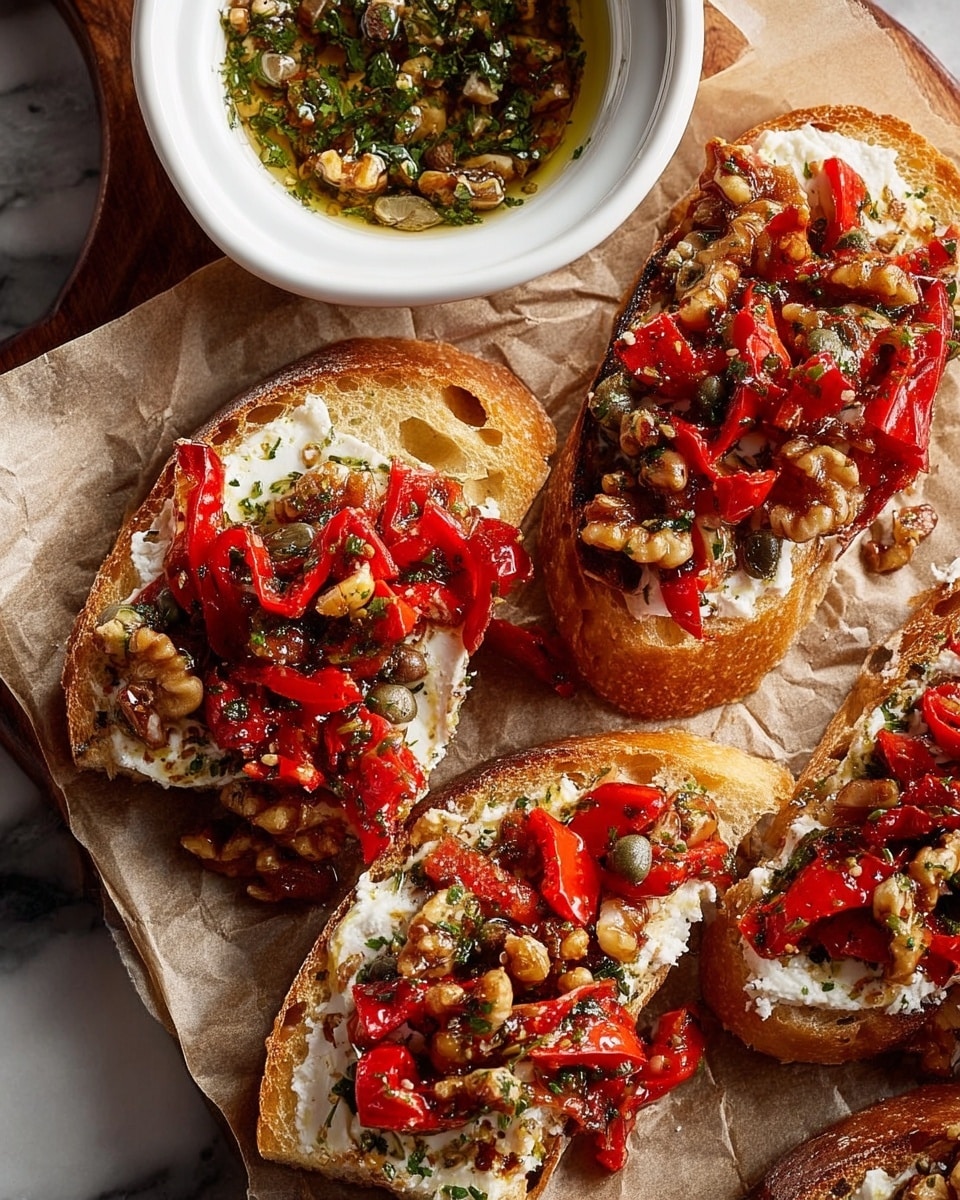 The image shows toasted slices of bread, each with three layers: the bottom layer is golden brown toasted bread with a slightly crisp texture; the middle layer is a smooth, creamy white cheese spread evenly over the bread; the top layer is made of bright red roasted pepper strips scattered with small pieces of crunchy brown walnuts, dark green capers, finely chopped herbs, and tiny salt flakes. The slices are placed closely together on a piece of light brown parchment paper, which sits on a white marbled surface. A white bowl with a mix of herbs and oil sits partially visible at the top left corner. Photo taken with an iphone --ar 4:5 --v 7