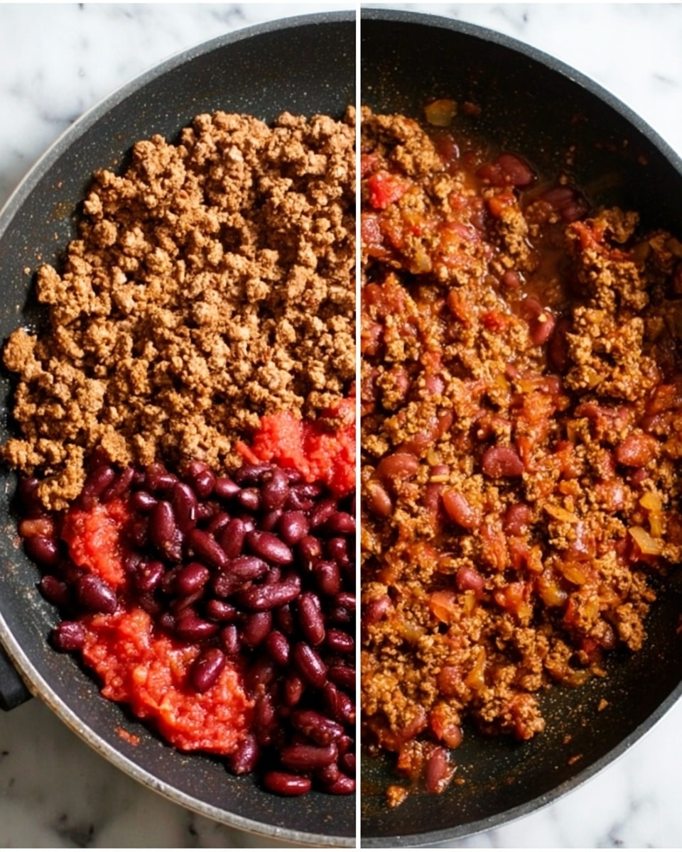 The image shows a close-up of a black pan with three main layers of food inside. On the left side, there is cooked brown ground meat, textured and crumbly. Next to it, on the top right, there are dark red kidney beans with a smooth yet firm look. Below the beans, there is bright red crushed tomatoes, slightly watery and chunky. The second part of the image shows the mixture after cooking, where the ground meat, beans, and tomatoes are combined into a textured, brownish-red mix with small bits of onion and spices visible. The pan is on a white marbled surface. photo taken with an iphone --ar 4:5 --v 7