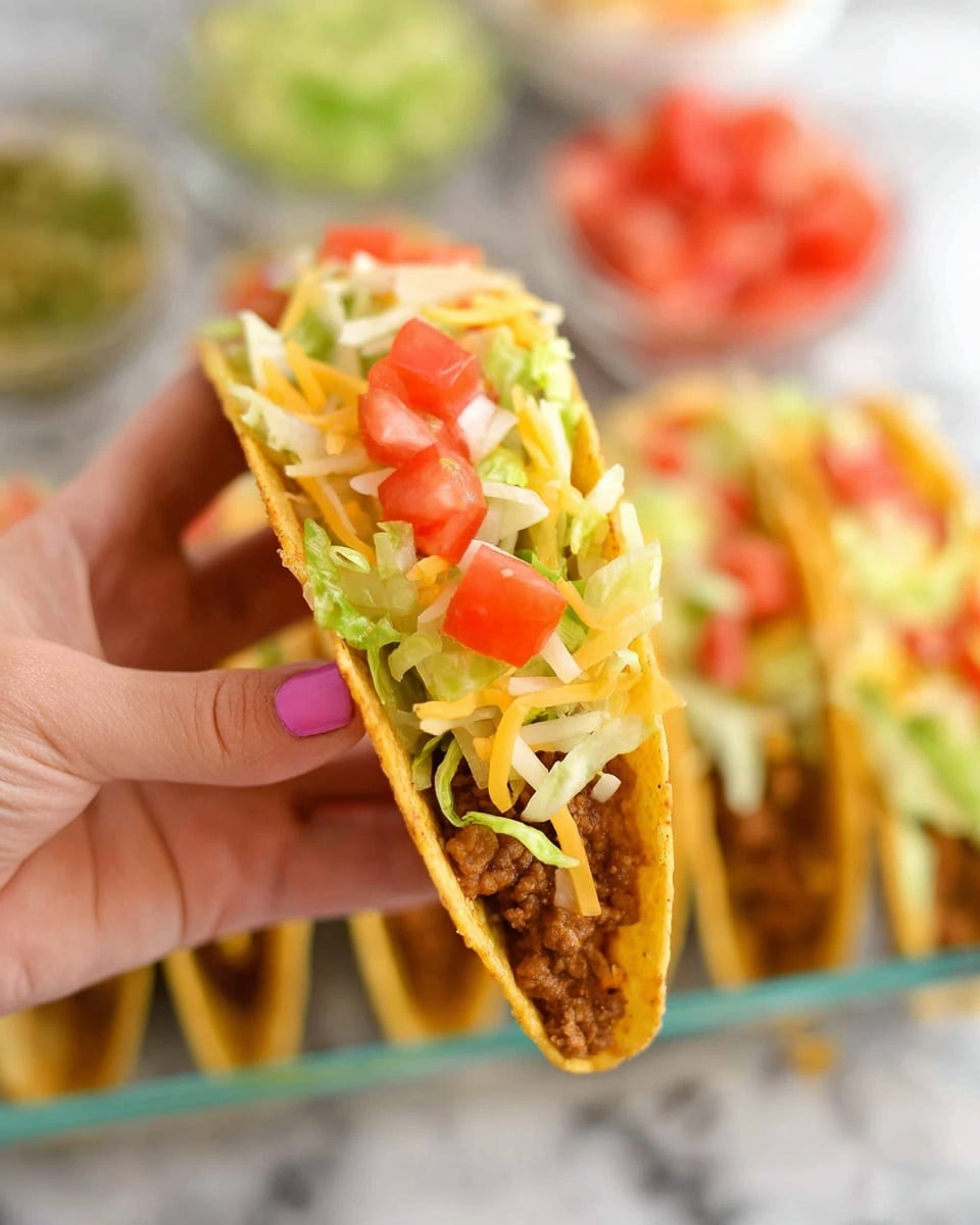 A clear glass dish holds eight yellow, crispy taco shells arranged in two rows. Each taco shell is filled with a layer of cooked beans and ground meat mixed together, topped with a generous melted layer of light yellow shredded cheese that covers the filling unevenly. The tacos are placed on a white marbled surface with a blurred background that shows two small clear glass bowls, one filled with chopped red tomatoes and the other with green guacamole. A woman's hand is lifting one taco, showing its side with melted cheese stretching slightly. Photo taken with an iphone --ar 4:5 --v 7