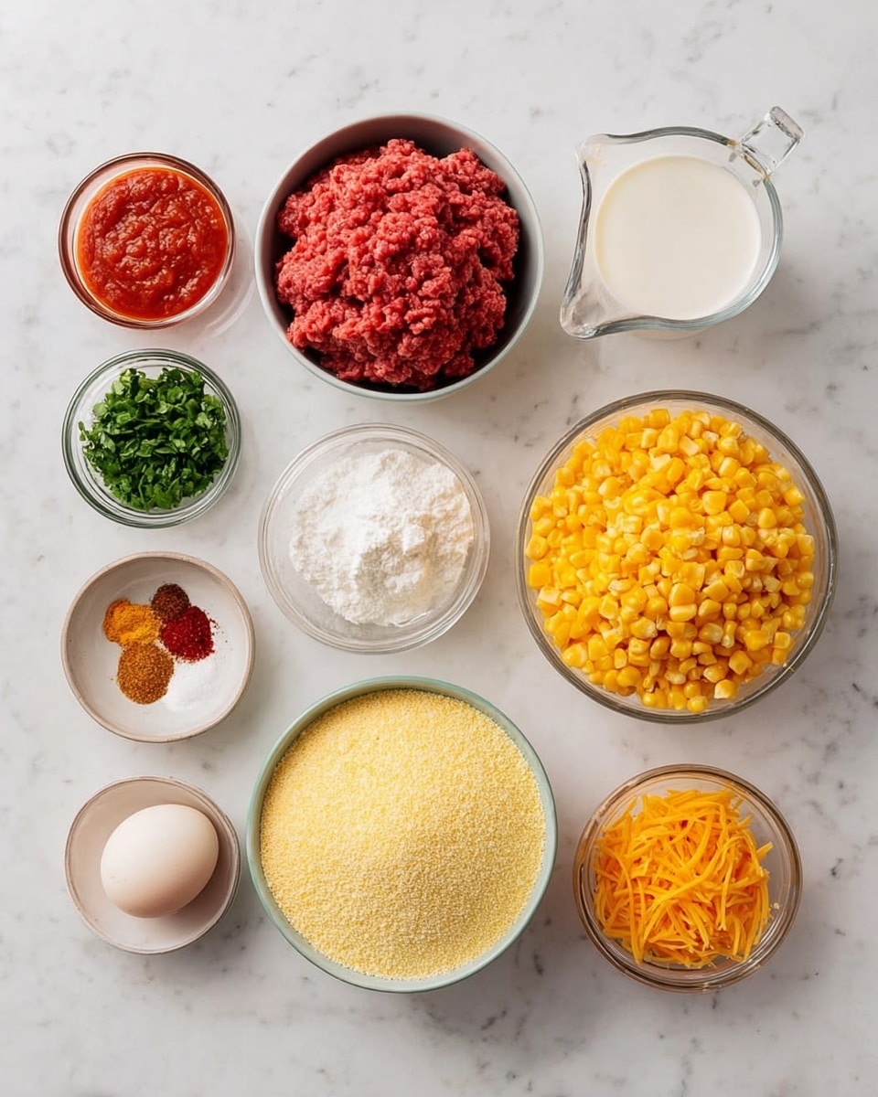 There are nine bowls and one egg arranged neatly on a white marbled surface. The largest bowl in the center holds pale yellow cornmeal with a slightly grainy texture. To the right of it is a medium-sized bowl filled with bright yellow corn kernels. Above that, a large bowl contains raw ground beef with a rich red color and soft texture. Next to the beef is a measuring cup filled with white milk. Above the cornmeal, there is a medium bowl with chunky red tomato sauce. To the left of this, a small bowl of fresh chopped green herbs is placed next to an uncracked white egg. Below the egg is a small bowl with reddish-brown spices. Below that lies a small bowl with thin shredded orange-yellow cheese. At the bottom right, a small bowl holds a solid white block of cream cheese. The whole setting rests on a clean white marbled background. photo taken with an iphone --ar 4:5 --v 7