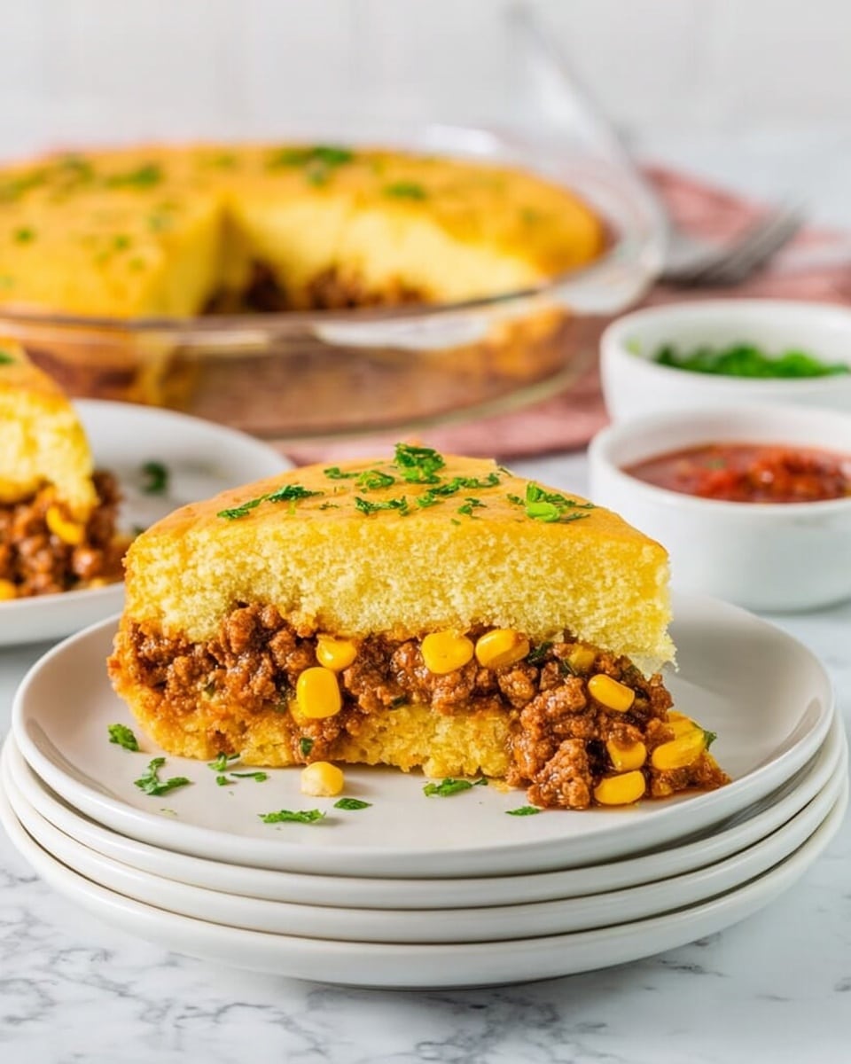 A slice of savory pie is placed on a white plate, which is stacked on two more white plates. The pie has two layers: a thick, golden-yellow top layer with a soft, spongy texture, sprinkled lightly with chopped green herbs, and a bottom filling layer that is a mix of browned ground meat and bright yellow corn kernels. In the background, the remaining pie is in a clear glass dish, showing the same two layers. There are small white bowls with red sauce and green herbs around the plates, all set on a white marbled surface. Photo taken with an iphone --ar 4:5 --v 7