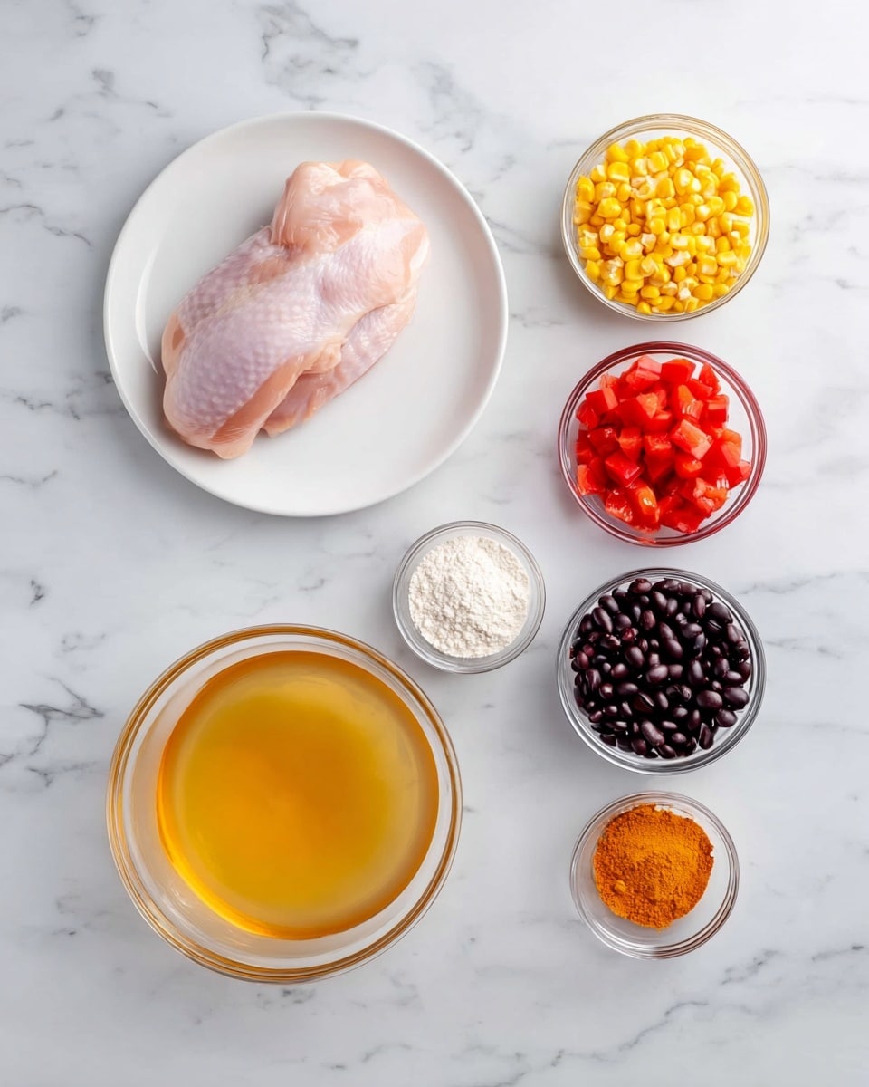 On a white marbled surface, there is a white plate holding a single raw light pink chicken piece positioned to the top left. To the right of the plate are three clear glass bowls: the top bowl contains bright yellow corn kernels, the middle bowl has chopped red tomatoes, and the bottom bowl holds dark black beans. Below these, there are two smaller clear glass bowls: the left one contains white flour, and the right one has an orange powder. Below the chicken plate, at the center, there is a larger clear glass bowl filled with a golden orange liquid. The arrangement is neat and spaced out evenly. photo taken with an iphone --ar 4:5 --v 7