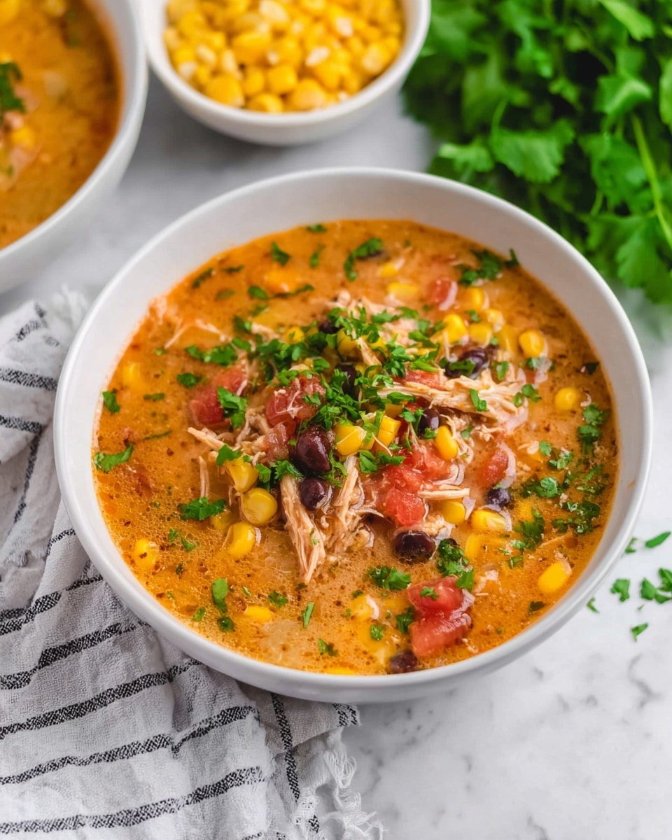 The image shows a white bowl filled with a colorful soup that has a thick light orange broth. Inside the soup, there are shredded light-colored meat pieces, bright yellow corn kernels, small red tomato chunks, and dark beans. On top, fresh green chopped herbs are sprinkled evenly. The bowl sits on a white and gray striped cloth on a white marbled surface, with a bunch of fresh green herbs nearby and another white bowl filled with yellow corn in the background. Photo taken with an iphone --ar 4:5 --v 7
