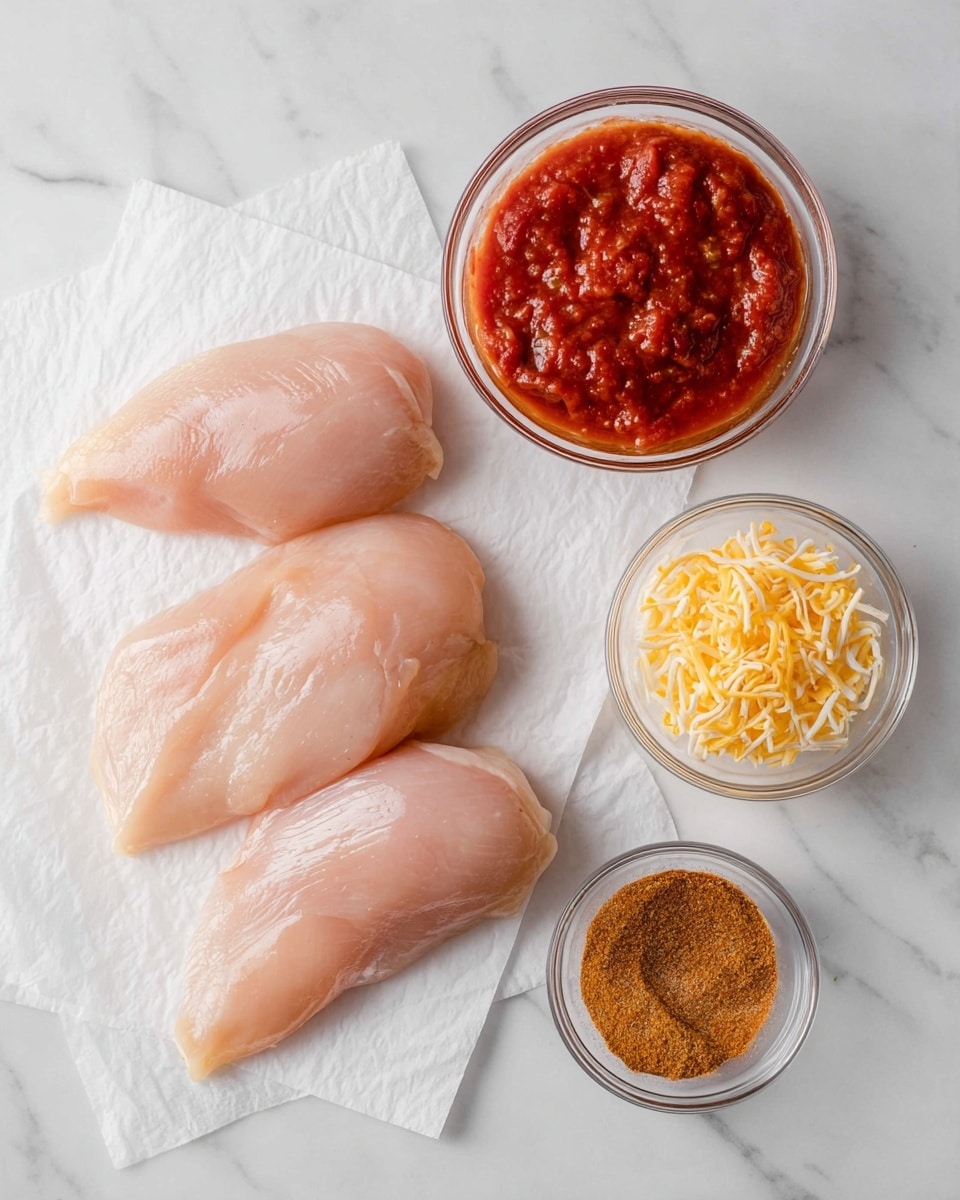 The image shows four raw, light pink chicken fillets placed on white paper on a white marbled surface. To the right, there are three clear glass bowls: one with a bright red chunky tomato sauce, one with a small pile of orange-brown spice powder, and another with a small heap of shredded yellow and white cheese. The bowls are arranged closely together above the chicken fillets. Photo taken with an iphone --ar 4:5 --v 7