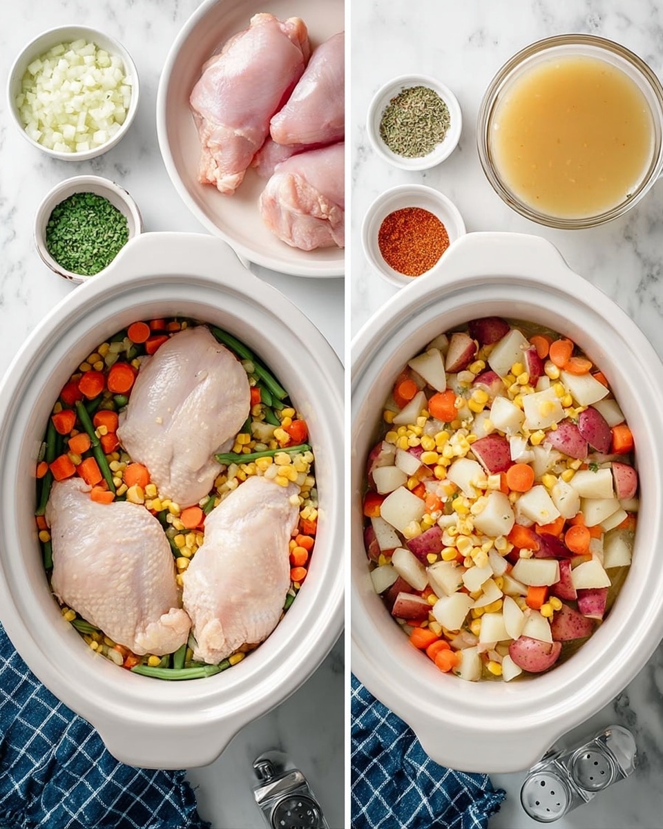A white pot filled with chicken soup showing three main layers: the clear brownish broth with scattered chunks of shredded chicken on top, yellow corn bits, diced orange carrots, green beans, and small white potato pieces mixed evenly through the soup, sprinkled lightly with green herbs; the pot sits on a white marbled surface with a blue checkered cloth nearby, silver spoon with light green handle, salt and pepper shakers, and a small white round bowl holding three golden-brown biscuit rolls placed lower right; also a white bowl holding six spoons stacked appears upper right; photo taken with an iphone --ar 4:5 --v 7