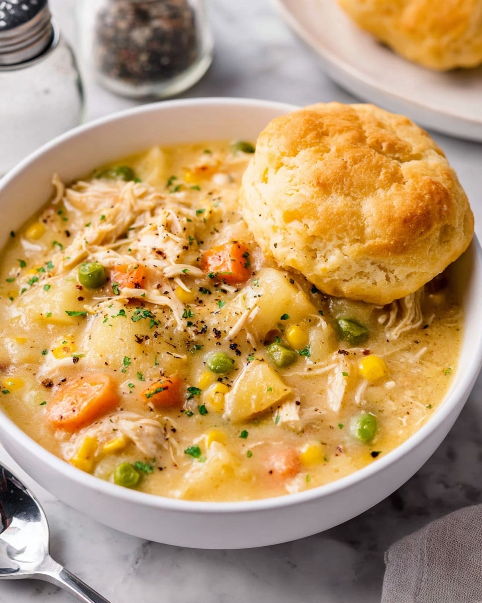 A white bowl holds a thick soup with a mix of ingredients layered together in a creamy broth. The bottom layer is a light yellow creamy base with visible soft chunks of potatoes, orange carrots, yellow corn, and green peas. Pieces of shredded chicken are spread throughout, with some bits slightly covered in the creamy liquid. Small bits of black pepper and green herbs are sprinkled on top, adding texture and color. Resting on the edge of the bowl is a round, golden biscuit with a slightly rough surface and a warm baked tone. The bowl sits on a white marbled surface, with a glass salt shaker and pepper grinder blurred in the background. photo taken with an iphone --ar 4:5 --v 7