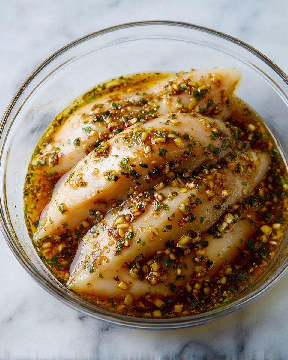 A clear glass bowl holds three thick pieces of pale chicken layered on top of each other, soaked in an oily marinade that has a golden-brown color. The marinade is speckled with small bits of dark green herbs and tiny pieces of light yellow garlic, covering the chicken evenly. The bowl is placed on a white marbled surface. Photo taken with an iphone --ar 4:5 --v 7