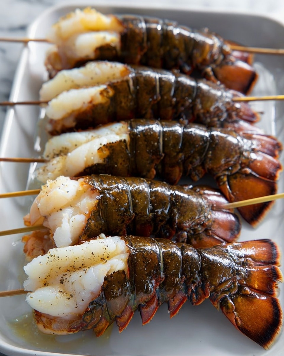 The image shows four lobster tails on a white plate with a white marbled texture background. Each lobster tail is split open, revealing thick, white, slightly translucent lobster meat inside. The shells are dark brown with hints of orange and have a rough texture. The lobster meat looks fresh and is lightly sprinkled with black pepper. Each tail is skewered with a thin wooden stick running horizontally through the shell. The lighting highlights the shiny wet surface of the lobster meat and the textured shells. Photo taken with an iphone --ar 4:5 --v 7