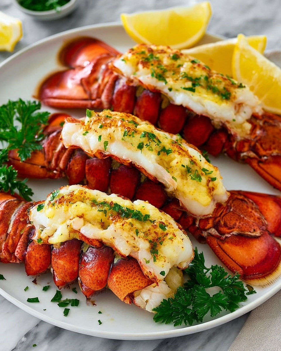 The dish shows three lobster tails placed side by side on a white plate. Each lobster tail has bright red shells with the fleshy white meat exposed and topped with a golden, slightly browned layer of melted butter and finely chopped green herbs. There are fresh green parsley leaves scattered around the plate, adding a touch of color. In the background, there are yellow lemon wedges adding a pop of bright yellow. The plate is set on a white marbled surface, giving a clean and elegant look. photo taken with an iphone --ar 4:5 --v 7