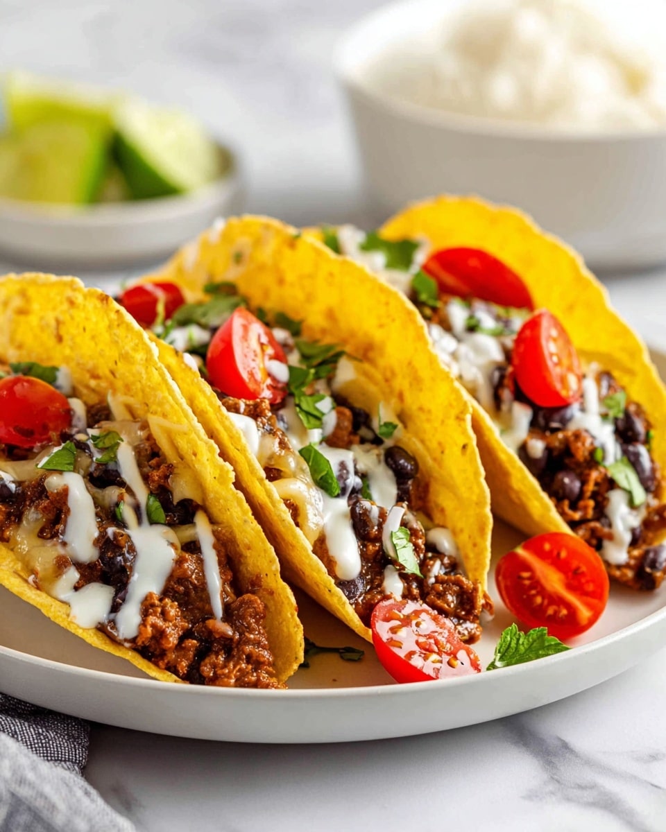 Three yellow taco shells stand upright on a white plate, each filled with a layer of cooked ground meat mixed with black beans and melted cheese, giving a brown and slightly creamy texture. On top of the meat, dollops of white sauce are drizzled. Fresh green chopped herbs are scattered inside the tacos, adding spots of bright green. Halves of small red cherry tomatoes sit on the top of each taco, contrasting with the yellow and brown. The plate rests on a white marbled surface and in the blurred background, there is a white bowl with a lime wedge and white rice visible. photo taken with an iphone --ar 4:5 --v 7