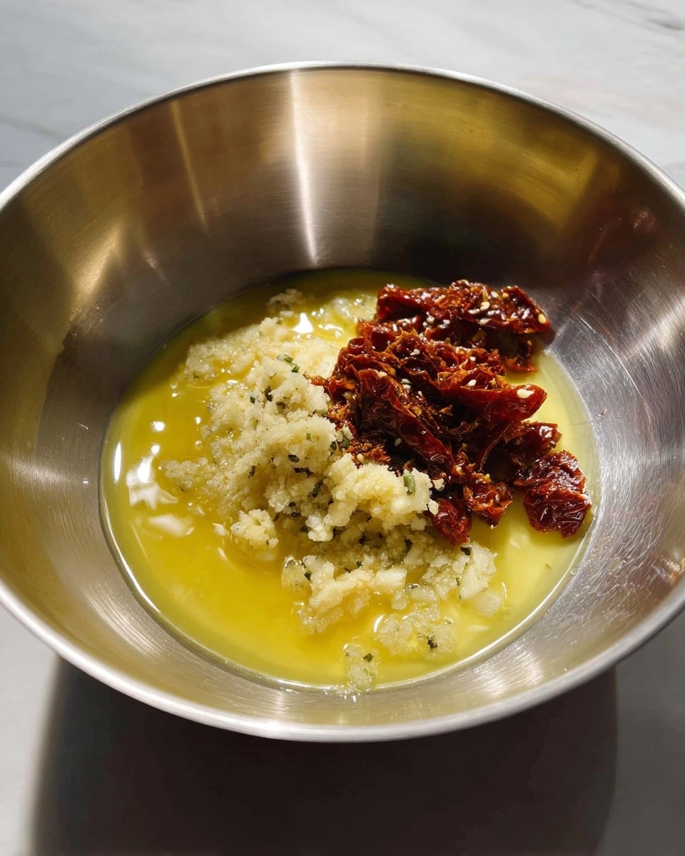 Inside a large silver mixing bowl on a white marbled surface, there are two main layers: the bottom layer is melted butter with a shiny, smooth, yellow texture; on top, toward the right side, there is a small pile made of two things mixed—finely chopped garlic that is pale yellow and pieces of dried, dark red sun-dried tomatoes. The light softly reflects inside the bowl, highlighting the shiny butter and the rough, dry texture of the tomato pieces photo taken with an iphone --ar 4:5 --v 7