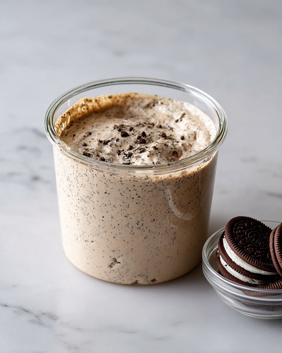 A clear glass container filled with a light brown creamy mixture that has black specks scattered throughout, clinging slightly to the sides of the container, sitting on a white marbled surface. Next to it, at the bottom right corner, is a small clear glass bowl containing several whole sandwich-style cookies with cream filling, stacked neatly inside. The scene is bright and clean, showing the smooth and slightly frothy texture of the mixture. photo taken with an iphone --ar 4:5 --v 7