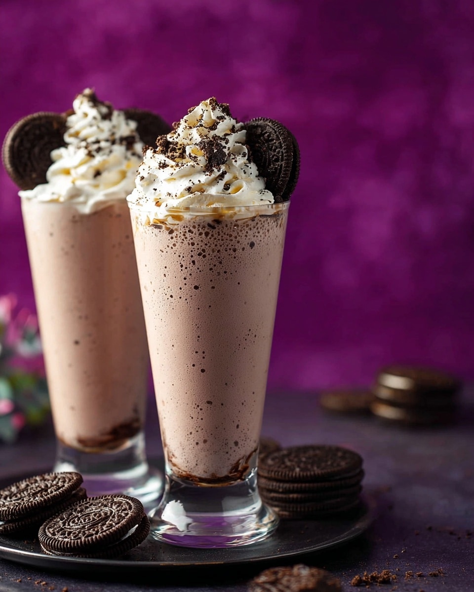 Two tall clear glasses hold a layered milkshake. The bottom layer is light brown and creamy with tiny bubbles on the surface. On top is a thick swirl of white whipped cream, sprinkled with small dark cookie crumbs. Each glass is decorated with whole and broken dark chocolate sandwich cookies standing upright in the whipped cream. The glasses sit on a dark tray with more whole dark chocolate cookies around, and the background is bright purple with soft textures. photo taken with an iphone --ar 4:5 --v 7