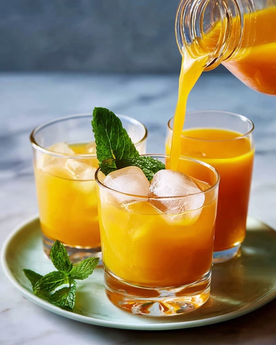 The image shows a white plate with three clear glasses filled with bright orange juice against a white marbled background. The glass in the front has several ice cubes inside and a fresh green mint leaf placed on top. The glass in the back center is being filled with orange juice being poured from a clear jar, with ice cubes visible in the glass. The glass on the right side contains only orange juice without ice. The bright orange color of the juice contrasts with the clear glass and the white plate beneath. Photo taken with an iphone --ar 4:5 --v 7