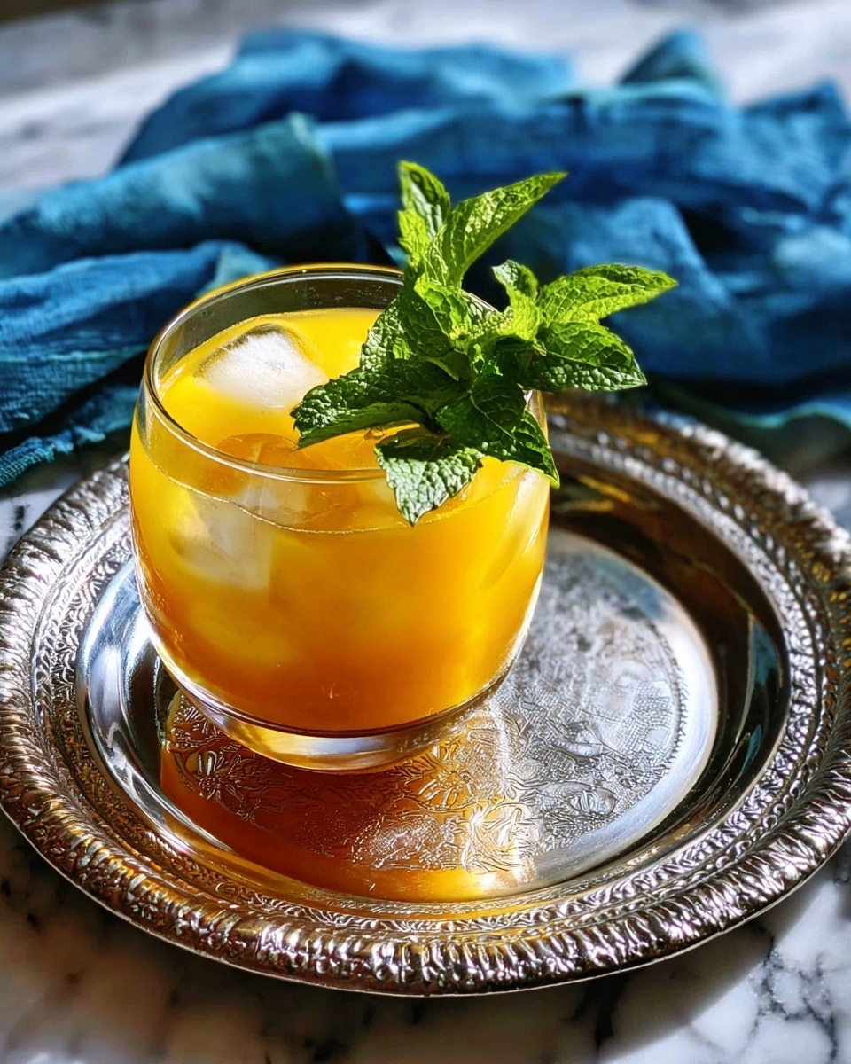A rounded clear glass filled with a bright yellow-orange drink containing visible ice cubes layered inside, topped with a small bunch of fresh green mint leaves placed on the rim. The glass sits on an ornate silver tray with detailed patterns, and a crumpled blue fabric piece lies behind it. The background surface is a white marbled texture. Photo taken with an iphone --ar 4:5 --v 7