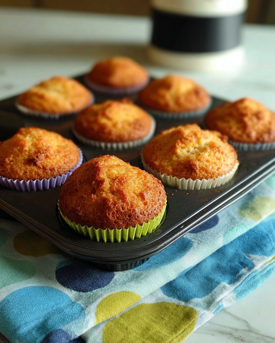 The image shows seven small muffins with a golden brown top and a light, soft texture, each in a different colored paper cup including blue, green, and pink. They are placed spaced apart on a smooth light blue surface. The muffins have slightly uneven tops with subtle cracks and a spongy look. The background is softly blurred. Photo taken with an iphone --ar 4:5 --v 7