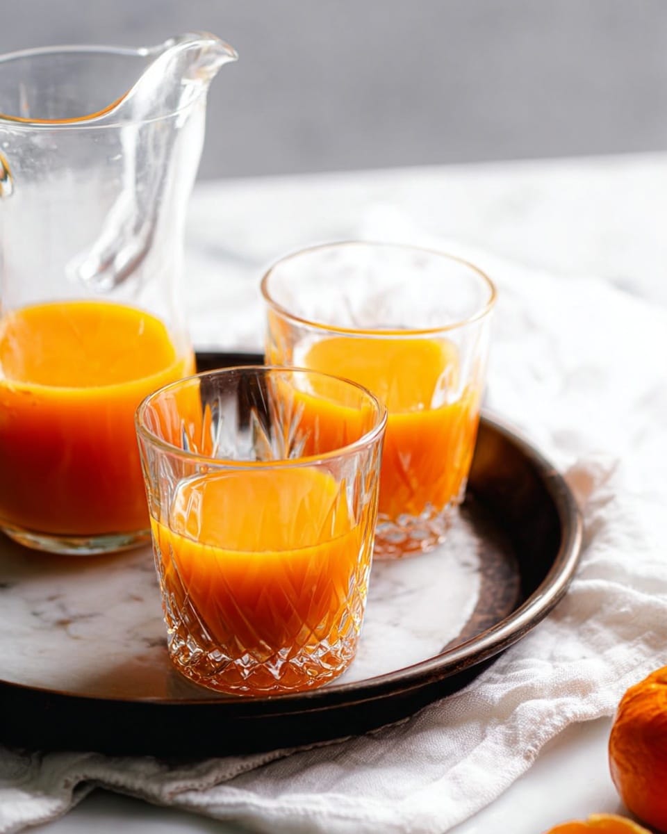 The image shows two clear glasses with a textured diamond pattern, each filled halfway with bright orange juice, placed on a dark tray. Behind the glasses is a clear glass pitcher also filled with the same orange juice. The tray and glasses sit on a white, slightly crumpled cloth over a white marbled surface. Part of a small orange fruit is visible at the bottom right corner of the image. The background is bright white. photo taken with an iphone --ar 4:5 --v 7