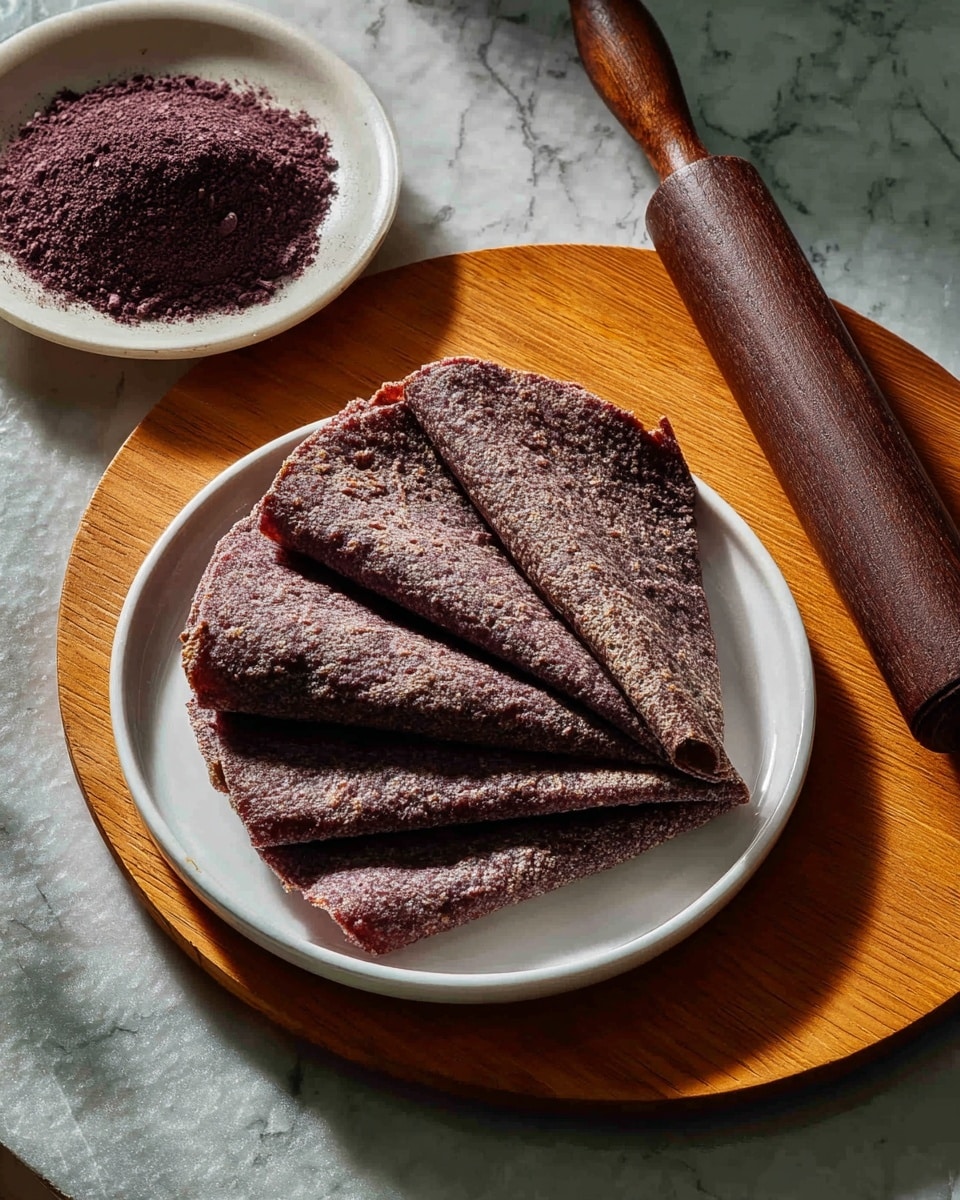 A white plate with five folded dark purple flatbreads arranged neatly on it, showing a textured and slightly grainy surface. The plate rests on a round wooden board, all placed on a white marbled textured surface. Nearby, there is a white plate holding a pile of fine dark purple powder with a soft, powdery texture, and a dark wooden rolling pin is seen in the background. The image captures a top-down view with good lighting highlighting the details of both the flatbreads and the powder. photo taken with an iphone --ar 4:5 --v 7