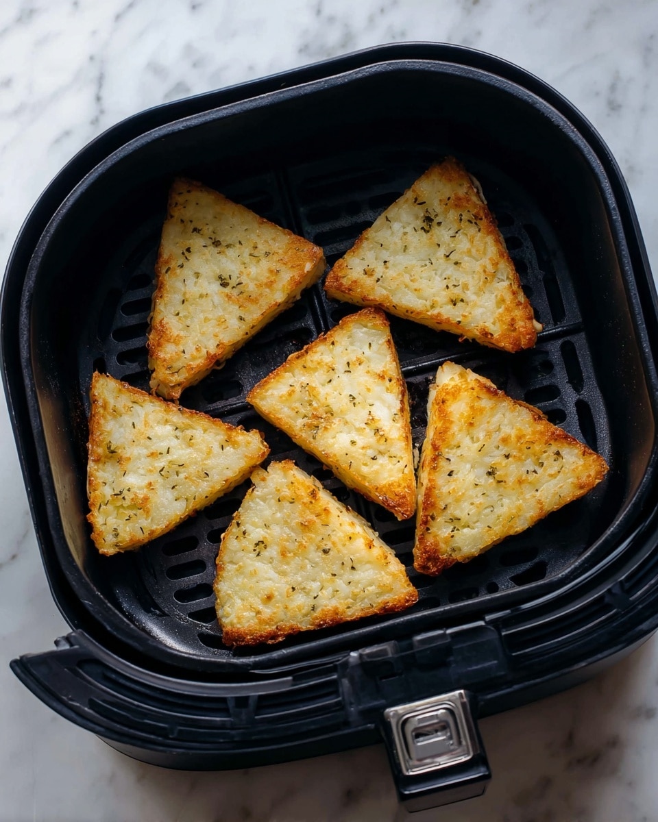 Six triangular potato hash browns, light golden brown with a slightly crispy texture, are placed evenly spaced inside a black air fryer basket. The air fryer basket has a grid-like base and is set against a white marbled surface, visible around its edges. The hash browns have a pale yellow and light beige color with subtle speckles, showing their cooked yet tender surface. Photo taken with an iphone --ar 4:5 --v 7