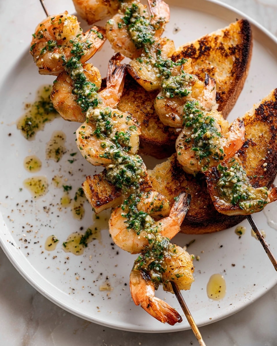 Two metal skewers hold several grilled shrimp with a golden brown color and some charred edges, drizzled with a green herb and garlic sauce. The skewers rest on two slices of toasted bread that is dark golden with crispy edges and some char marks. The food is arranged on a white plate with small drops of the green sauce and black pepper sprinkled around. The background surface has a white marbled texture. photo taken with an iphone --ar 4:5 --v 7