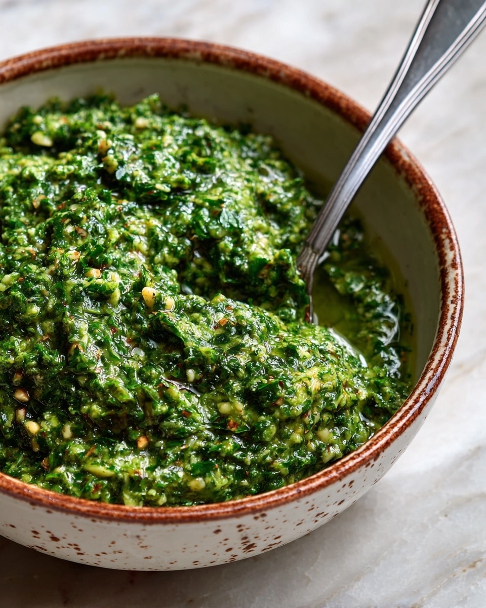A close-up view of a bowl filled with a thick, chunky green pesto sauce with visible bits of herbs and nuts mixed throughout, creating a textured and slightly creamy appearance. The bowl is white with a speckled brown rim, and a silver spoon rests inside it, partially covered by the pesto. The background surface has a white marbled texture. photo taken with an iphone --ar 4:5 --v 7