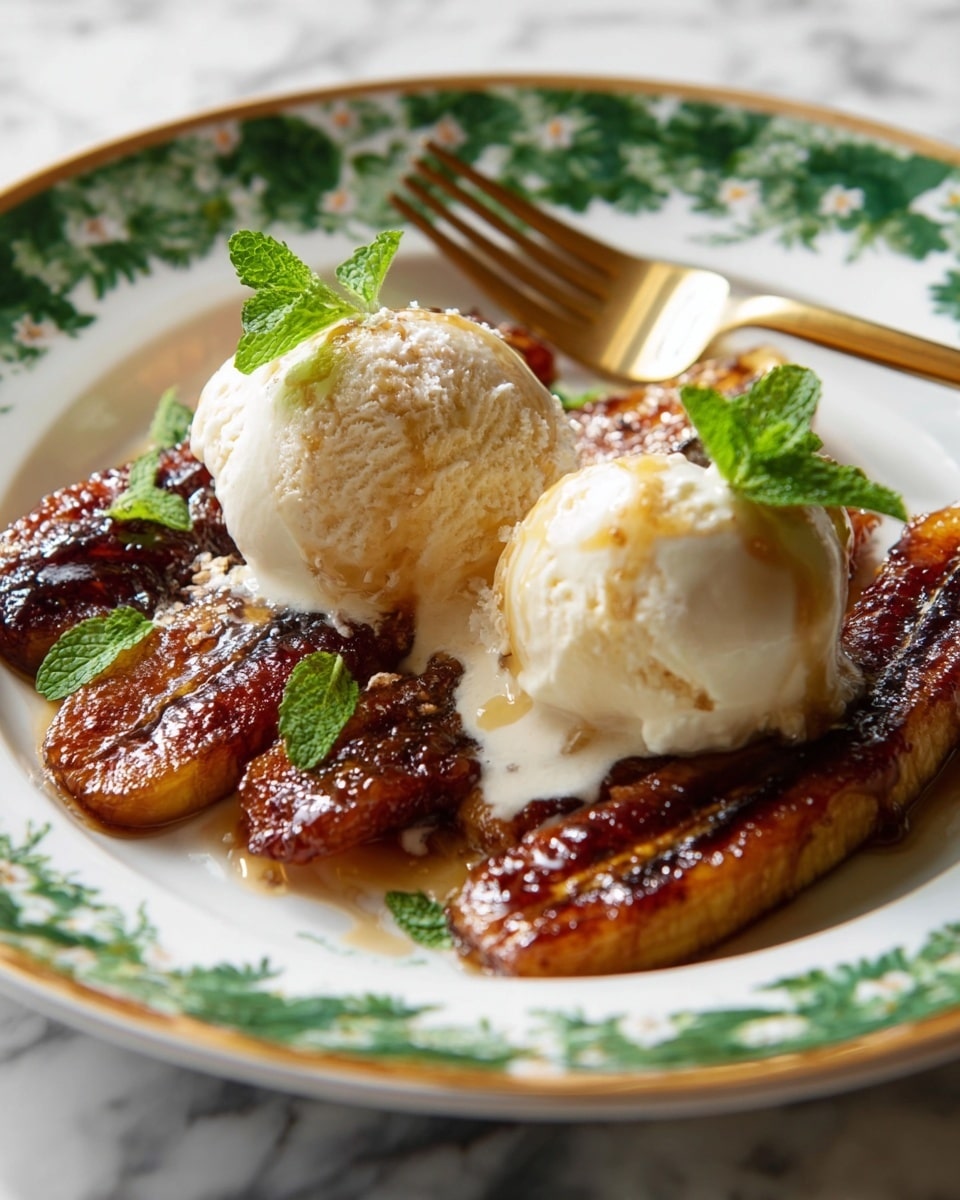 The image shows a dessert with two layers of caramelized bananas at the bottom, dark brown and glossy with a slightly crispy texture. On top, there are two scoops of light beige ice cream melting slightly around the edges, each scoop garnished with small green leaves. The dessert is served on a white plate with a simple green floral pattern. In the background, a gold fork rests on the plate. The surface under the plate has a bright white marbled texture. photo taken with an iphone --ar 4:5 --v 7