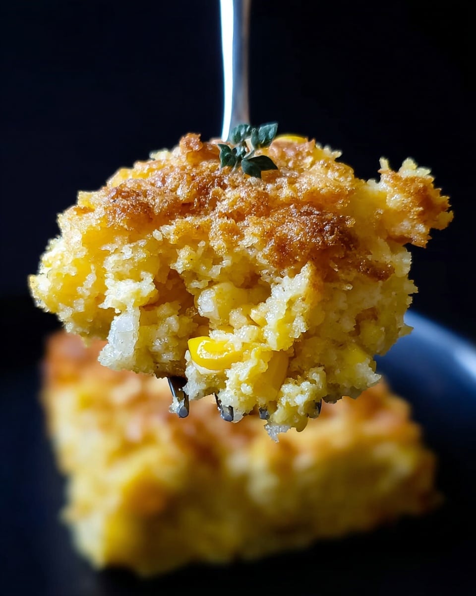 The image shows a large white oval baking dish with golden brown baked cornbread that has a rough crispy top layer. A spoon inside the dish scoops out a portion revealing a soft yellow inside with bits of corn. Two small white round plates each hold a thick wedge of the cornbread with the same golden crispy top and yellow bread inside, one plate has a silver fork resting on the side. A small white bowl filled with shredded orange cheese and another bowl with bright yellow corn kernels are placed around the baking dish on a wooden round board. A blue and white striped cloth is partially draped near the cheese bowl. The whole arrangement lies on a dark surface. photo taken with an iphone --ar 4:5 --v 7