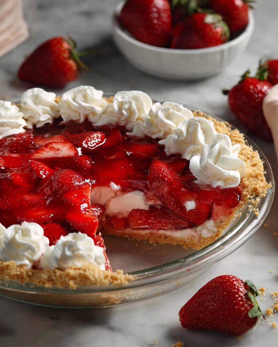 A strawberry pie is shown with a golden baked crust forming the base and edges, holding a filling of shiny bright red whole and halved strawberries layered thickly in the center. Around the strawberries, there is a ring of white whipped cream piped in smooth, rounded swirls touching the pie crust. The pie is placed on a clear glass plate, and the background is a white marbled texture with some whole strawberries scattered nearby. Photo taken with an iphone --ar 4:5 --v 7