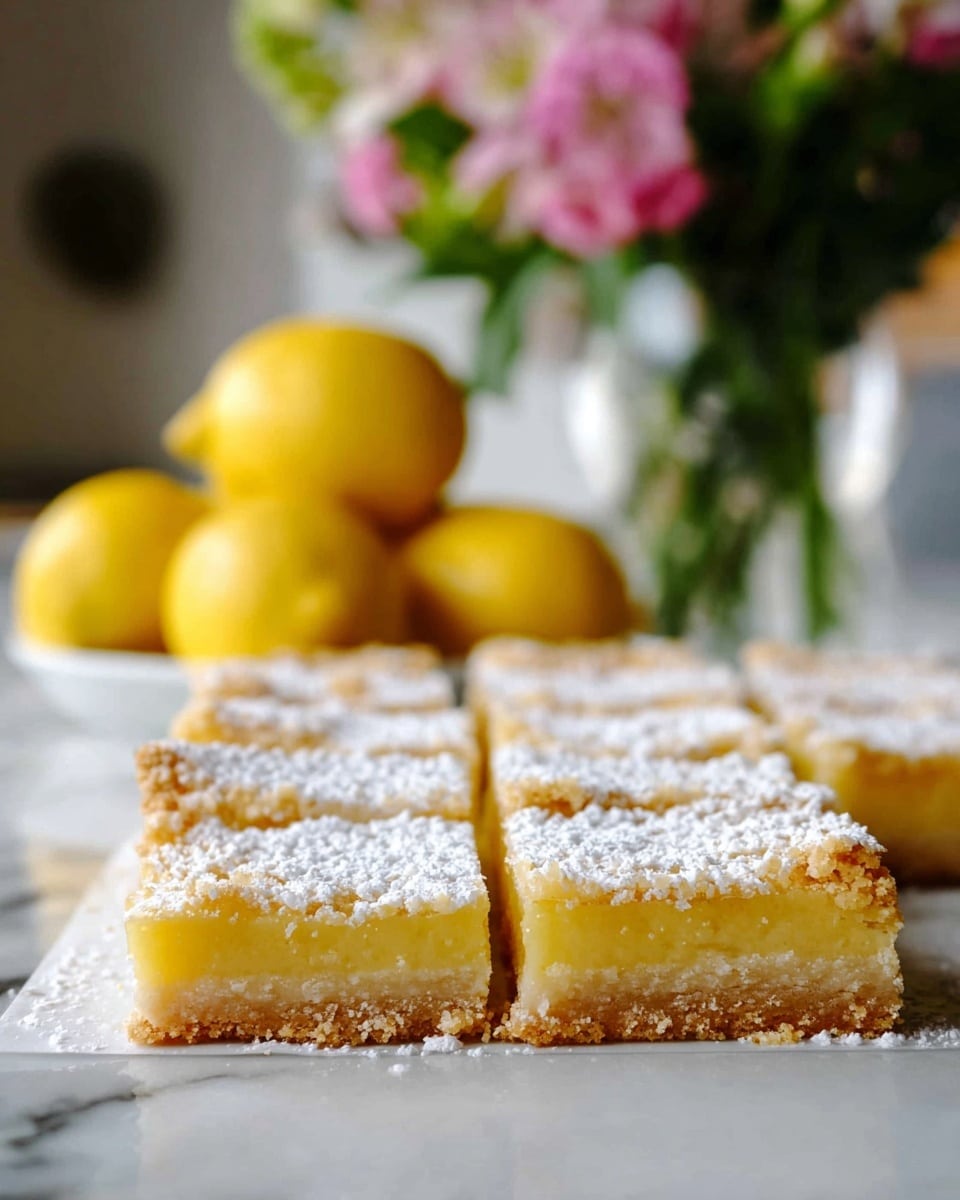 The image shows three stacked lemon bars with two layers: a light golden crust at the bottom and a thick, smooth bright yellow lemon filling on top. Each bar is dusted lightly with white powdered sugar on top. Around the stack, there are lemon slices and whole lemons. In the blurred background, purple flowers in a gray vase add color. The lemon bars and lemons sit on a white marbled surface. photo taken with an iphone --ar 4:5 --v 7