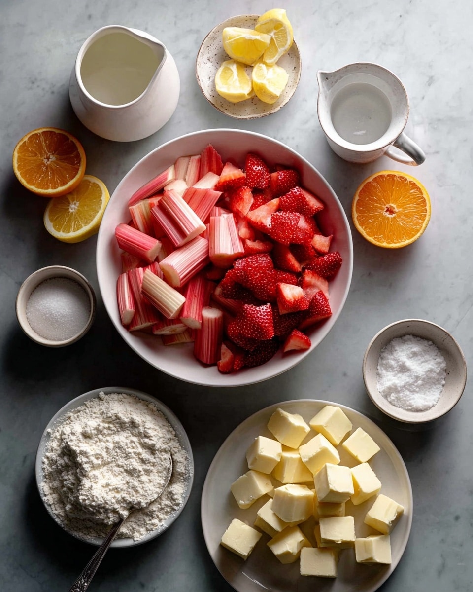 This image shows cooking ingredients laid out on a white marbled surface. In the center, there is a white bowl filled with two layers of chopped fruits: pink and light red rhubarb sticks on the left and bright red strawberry pieces on the right. To the bottom right of the bowl, a white plate holds many cubes of pale yellow butter. To the bottom left, a white bowl contains white flour with a small spoon scoop visible. Above the flour bowl, there is a white ceramic pitcher with water inside. Near the top right corner, two small white bowls hold white sugar and white granulated salt. Near the top left corner, two lemon halves and an orange half are placed next to the bowl of fruit. A small ceramic saucer with a few cubes of butter is near the sugar bowl. The entire setup is well lit and appears clean and organized. photo taken with an iphone --ar 4:5 --v 7
