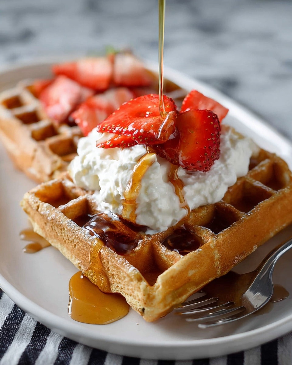 The image shows two thick golden waffles stacked on a white plate with a white marbled surface beneath. On top of the waffles, there is a generous scoop of white whipped cream textured smoothly, crowned with a few bright red strawberry slices that have a shiny fresh look. A light golden syrup is being poured over the strawberries and cream, slowly flowing down the sides of the waffles and pooling slightly on the plate. Next to the waffles on the right side, there is a silver fork resting partly on the plate and the marble surface with a striped black and white cloth underneath. Photo taken with an iphone --ar 4:5 --v 7
