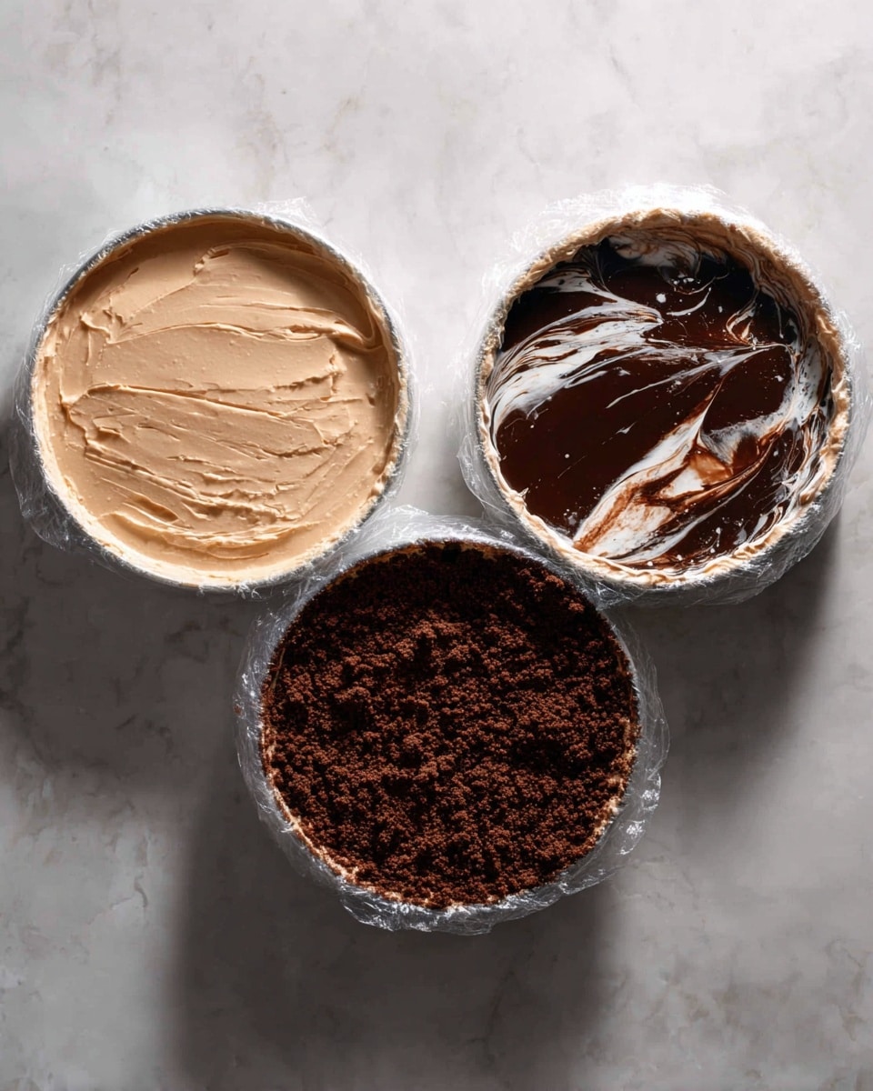 The image shows three round white bowls lined with clear plastic wrap placed side by side on a white marbled surface. The first bowl on the left holds a light brown creamy layer, smooth with soft swirls covering the entire surface evenly. The middle bowl has a shiny dark brown layer mixed unevenly with swirls of lighter cream color, creating a marbled texture. The bowl on the right contains a dark brown crumbly layer spread flat and dense with a slightly rough texture and small clumps visible. Photo taken with an iphone --ar 4:5 --v 7