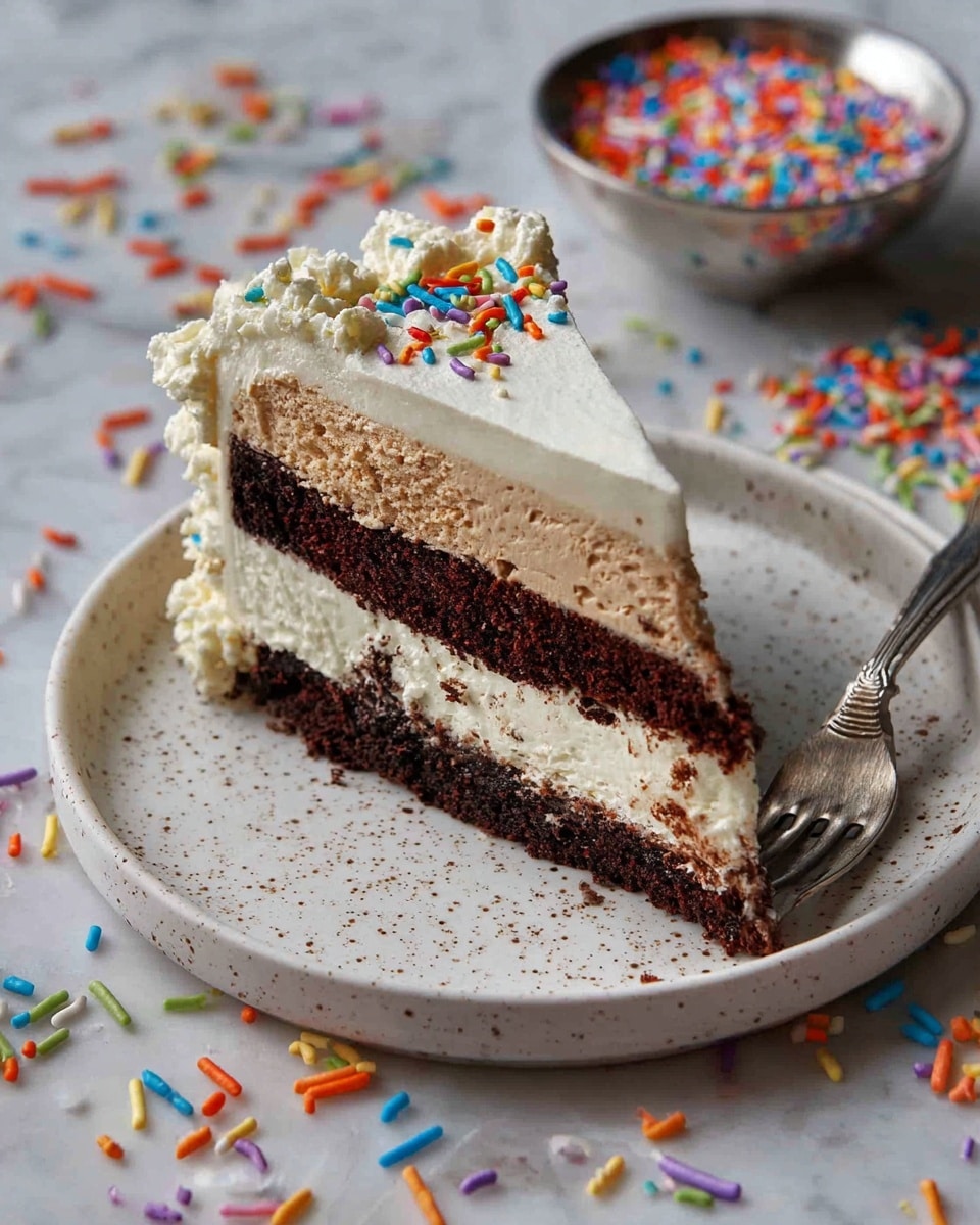 A slice of three-layered ice cream cake sits on a white speckled plate, placed on a white marbled surface with colorful round and rod-shaped sprinkles scattered around. The bottom layer is dark brown with a crumbly texture, the middle layer is light brown and creamy, and the top layer is smooth white ice cream. The cake slice is covered with white frosting on the outside, decorated with a few colorful sprinkles on top near the edge. In the background, there is a small silver bowl filled with red, blue, purple, orange, green, and yellow sprinkles. Photo taken with an iphone --ar 4:5 --v 7