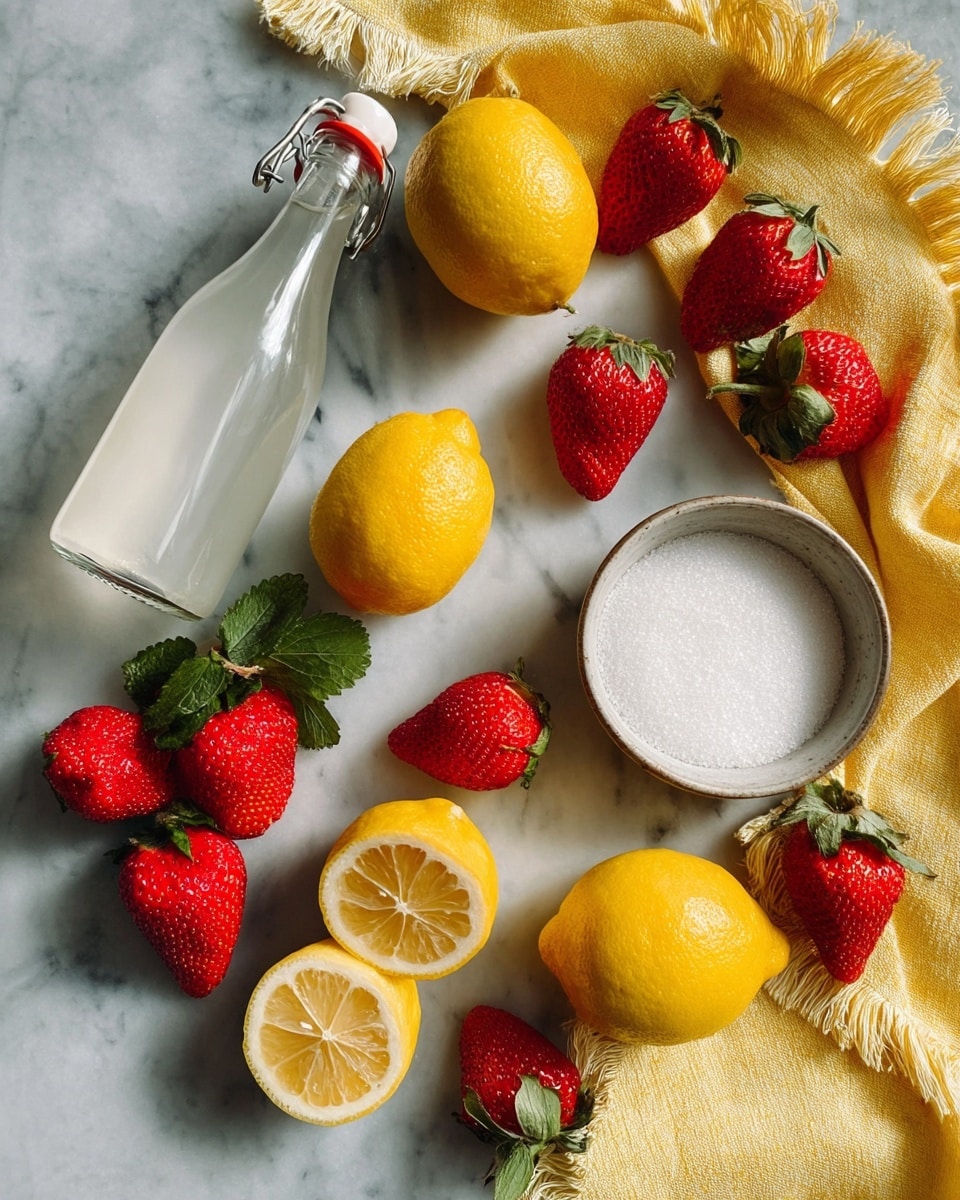 The image shows a top-down view of fresh ingredients arranged on a white marbled surface. There are whole and halved bright yellow lemons scattered in the center, surrounded by bright red strawberries with green leaves on top. A clear glass bottle with a metal clasp and white cap contains a liquid and lies diagonally on the left side. A small white bowl filled with granulated white sugar is placed on the right. A soft yellow cloth with fringes is draped in the lower left corner, partly under one strawberry. The colors are vibrant with the contrast of red, yellow, and white creating a fresh and inviting scene. photo taken with an iphone --ar 4:5 --v 7
