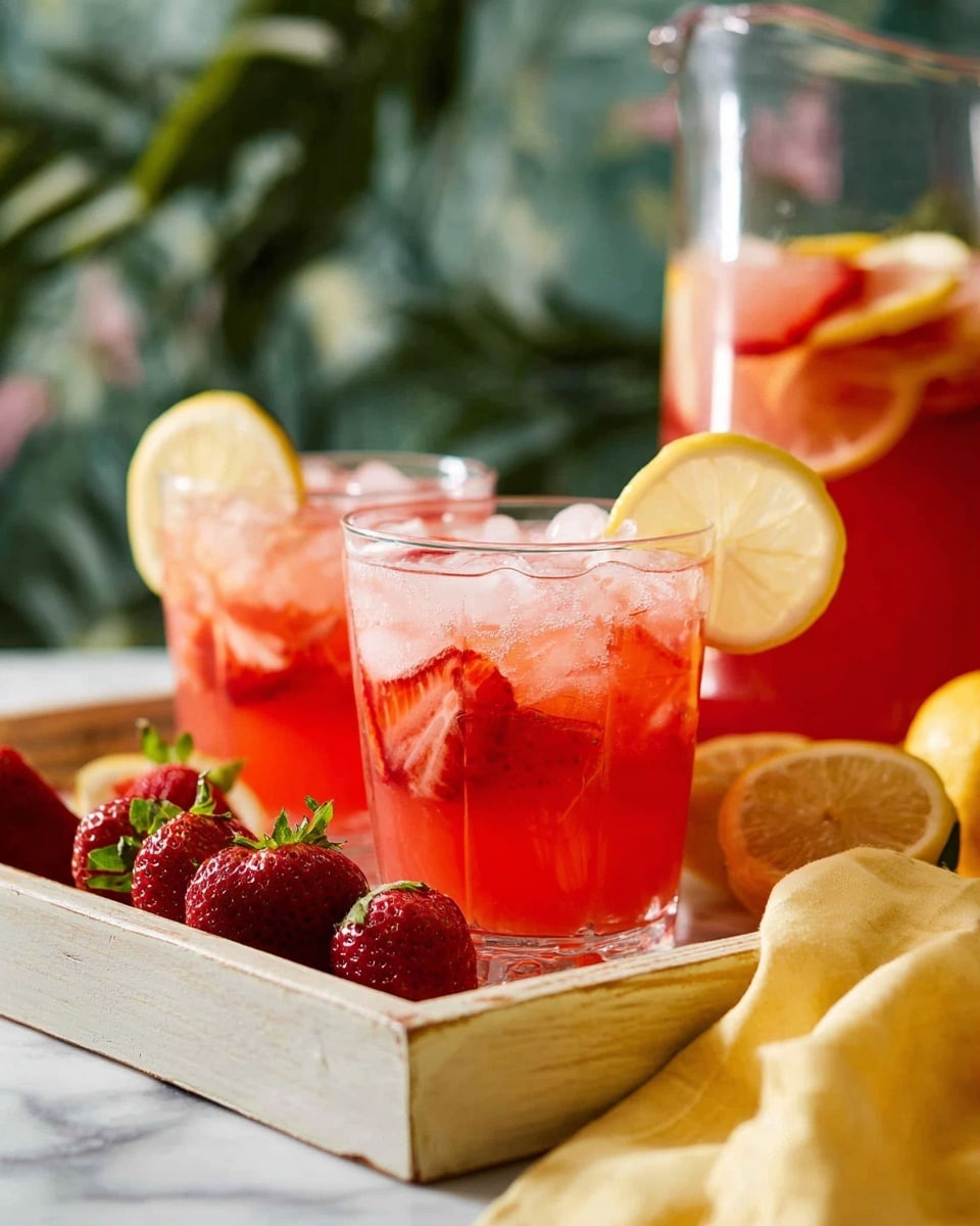 A clear glass filled with light red strawberry lemonade layered with small white ice cubes and thin red strawberry slices floating inside, with a bright yellow lemon wedge placed on the rim. Behind it, two similar glasses with the same drink and garnishes create depth. To the right, a large clear pitcher holds the same red lemonade filled with lemon slices and strawberry pieces. All are set on a white wooden tray with scattered whole red strawberries and lemon halves around. A soft yellow cloth is casually draped in the foreground on a white marbled surface, and blurred green foliage can be seen in the background. Photo taken with an iphone --ar 4:5 --v 7